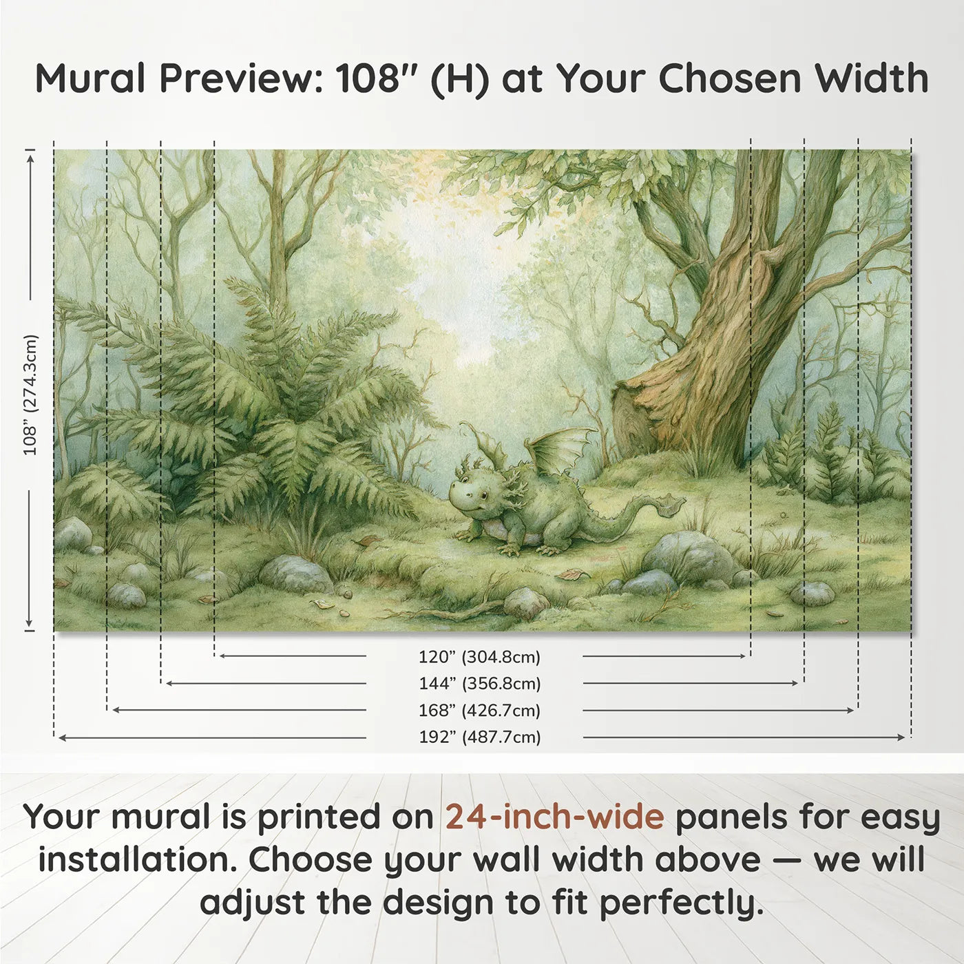 Panel layout and dimensions for Cute Baby Dragon Wallpaper Mural by Whimsy Tots
