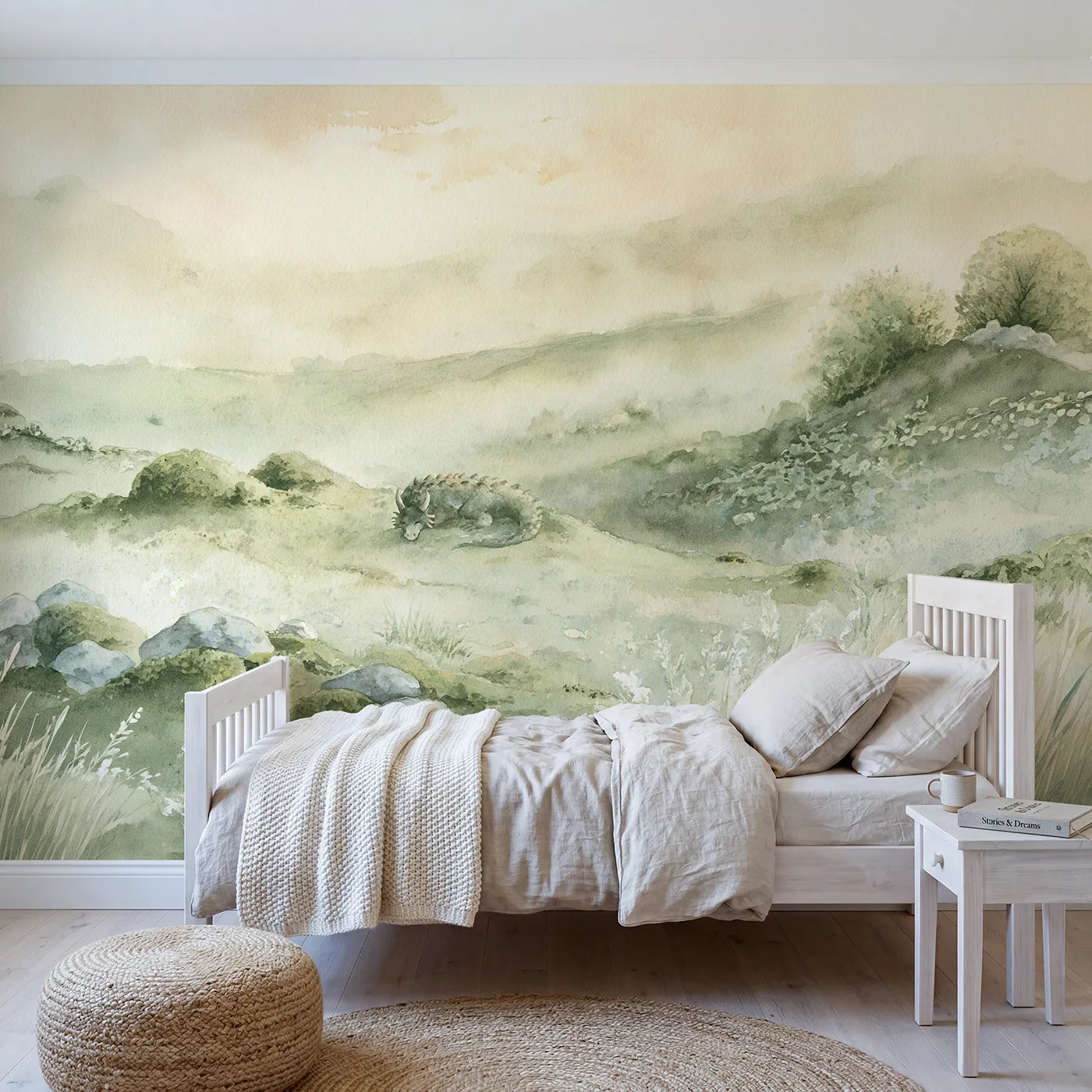 Watercolor wall mural of a sleepy dragon in a misty valley on sage by Whimsy Tots