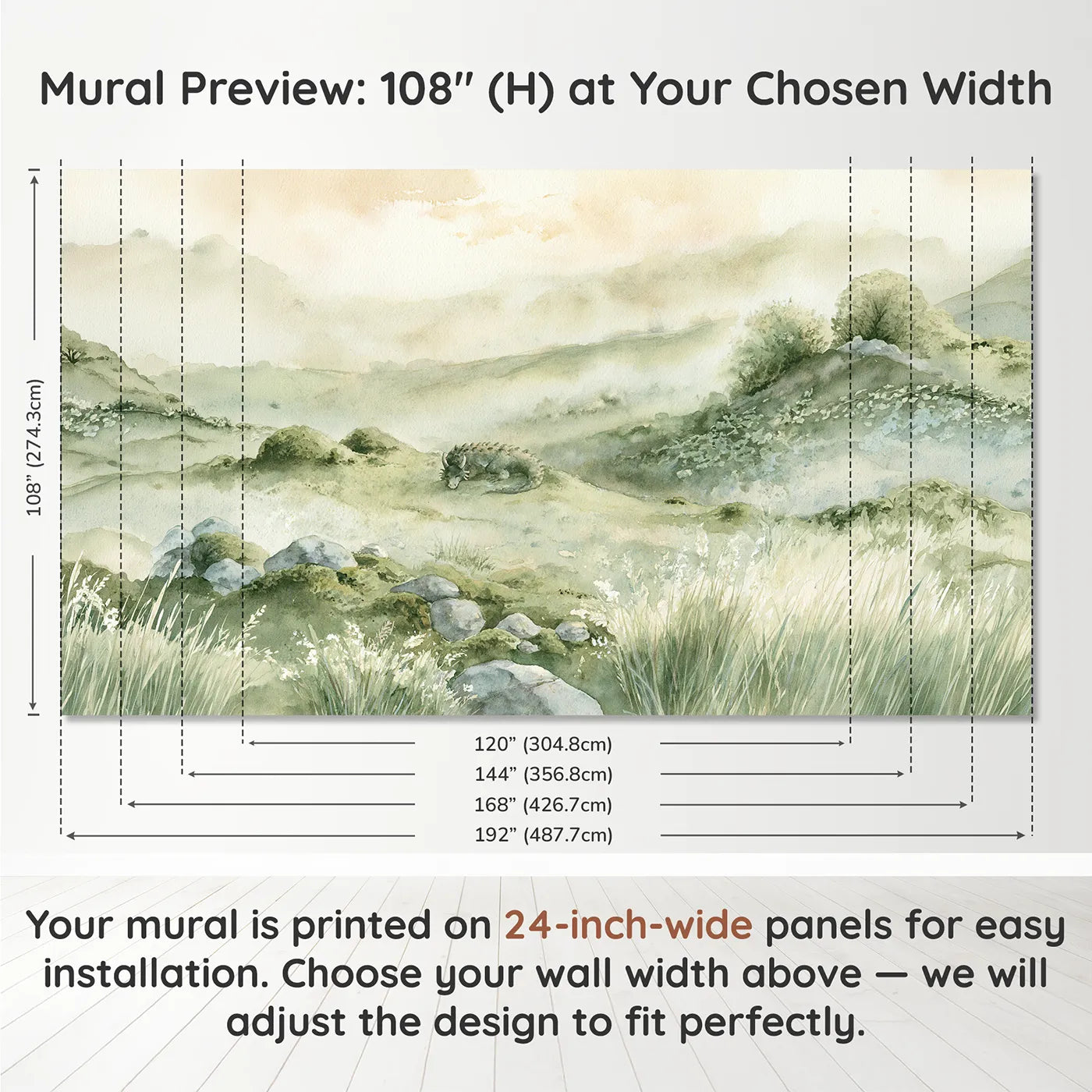 Panel layout and dimensions for Misty Dragon Valley Wallpaper Mural by Whimsy Tots
