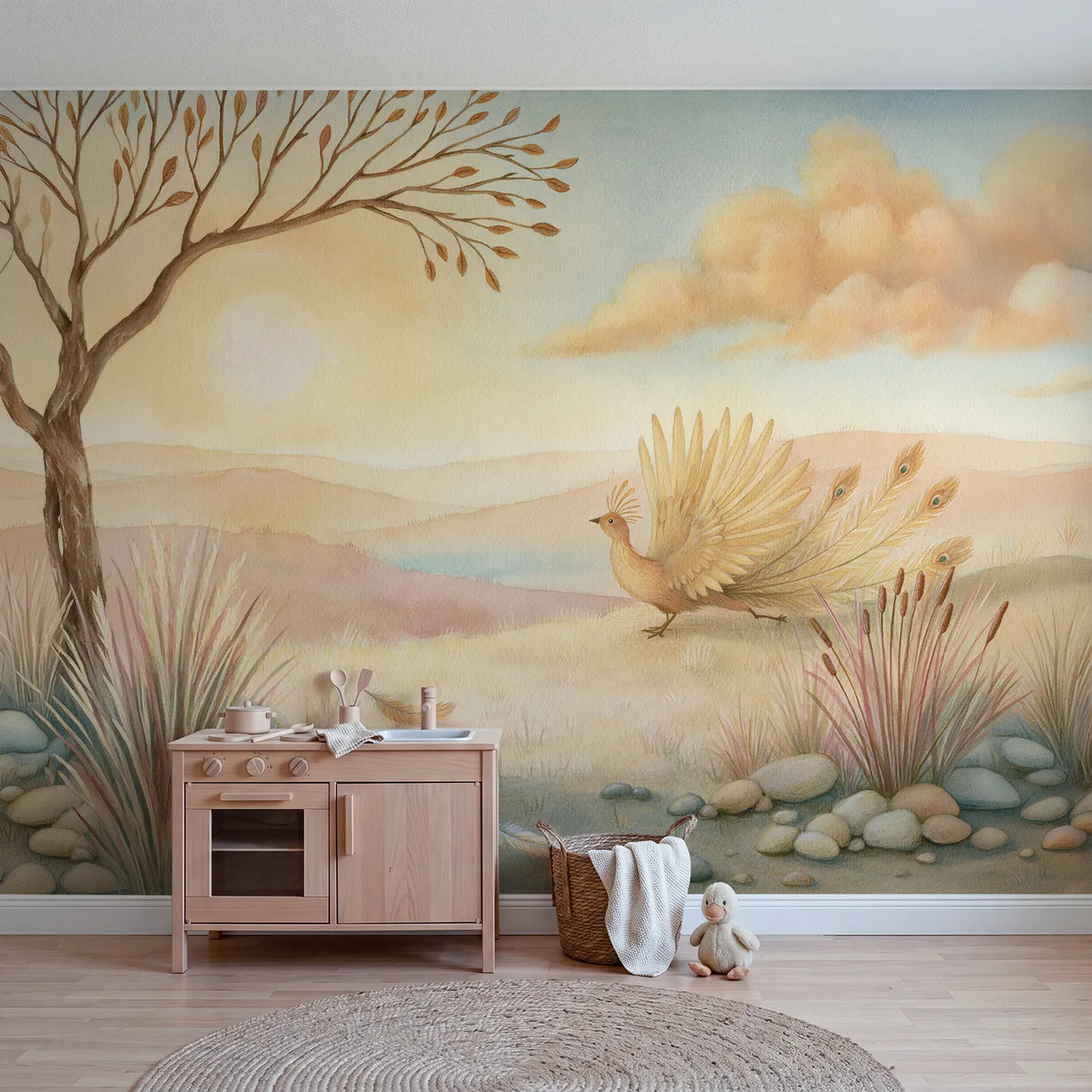 Storybook wall mural of a gentle phoenix at sunrise on warm cream by Whimsy Tots