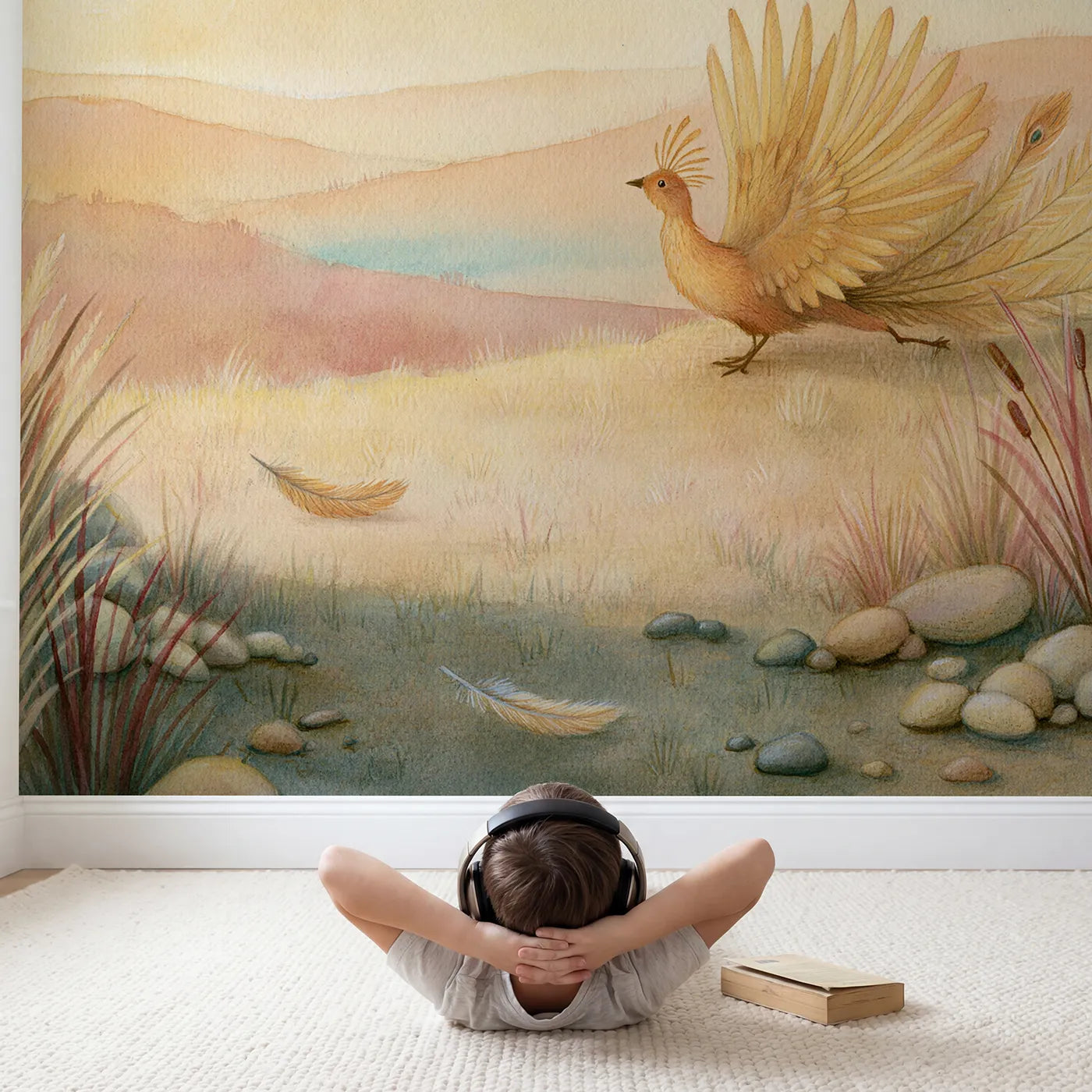 Child in nursery with Phoenix Sunrise Friend Wallpaper Mural by Whimsy Tots