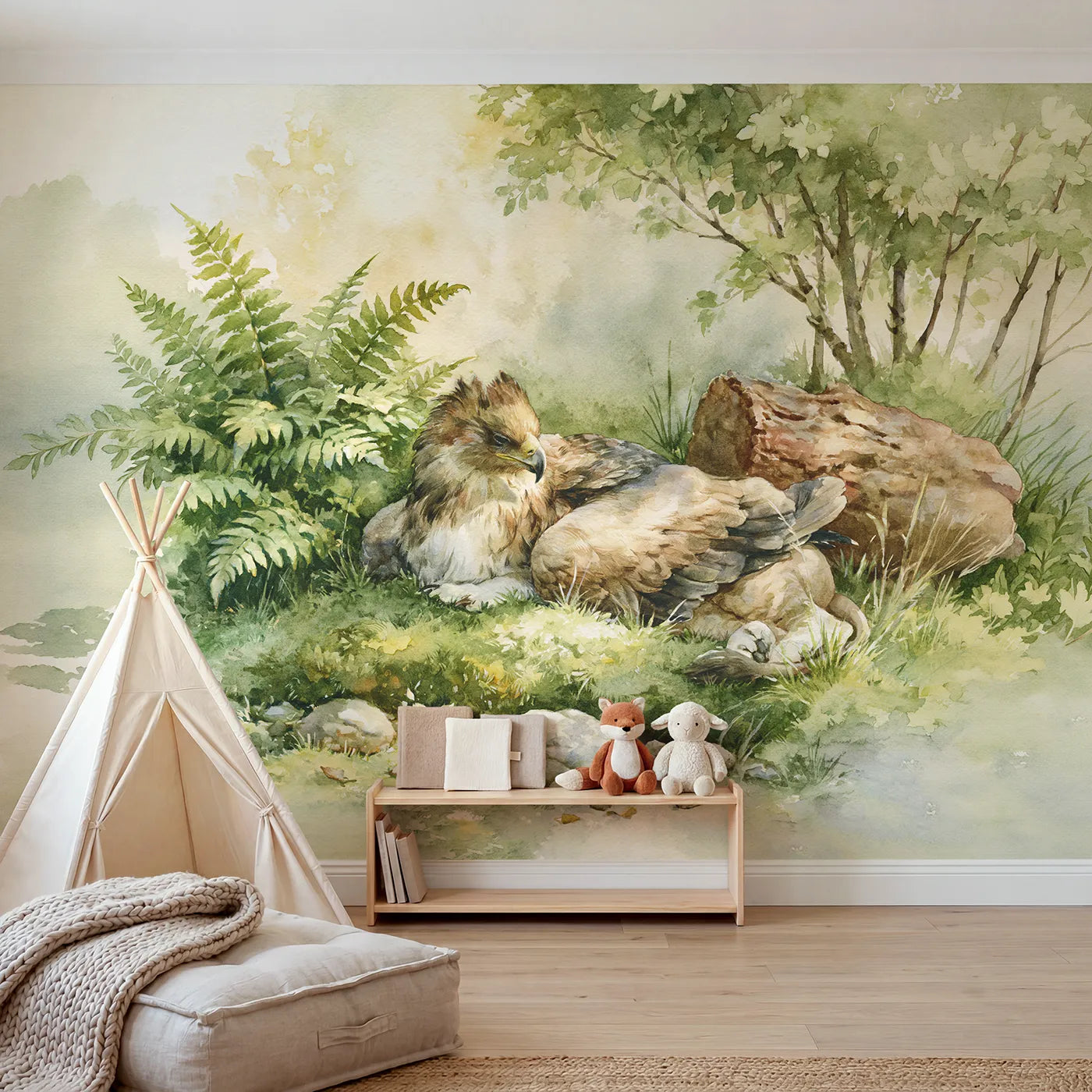 Watercolor wall mural of a griffin resting in a meadow on pale sage by Whimsy Tots