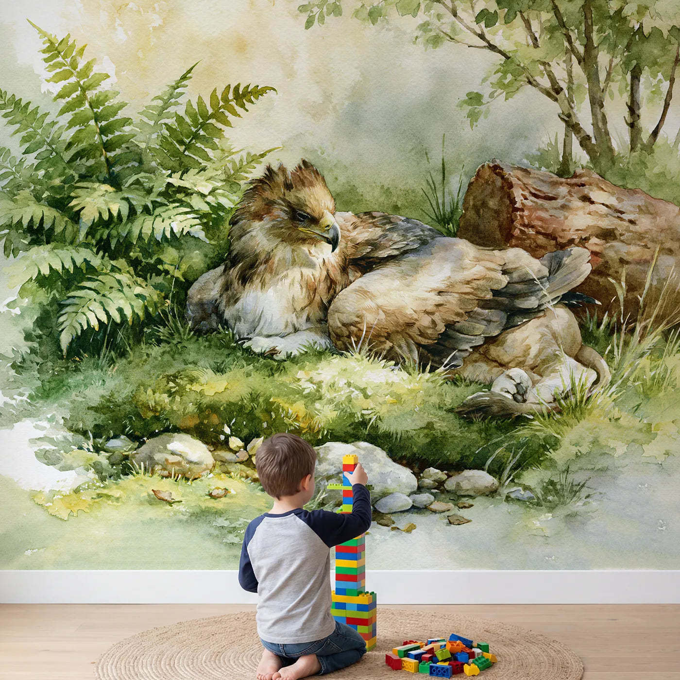 Child in nursery with Gentle Griffin Rest Wallpaper Mural by Whimsy Tots