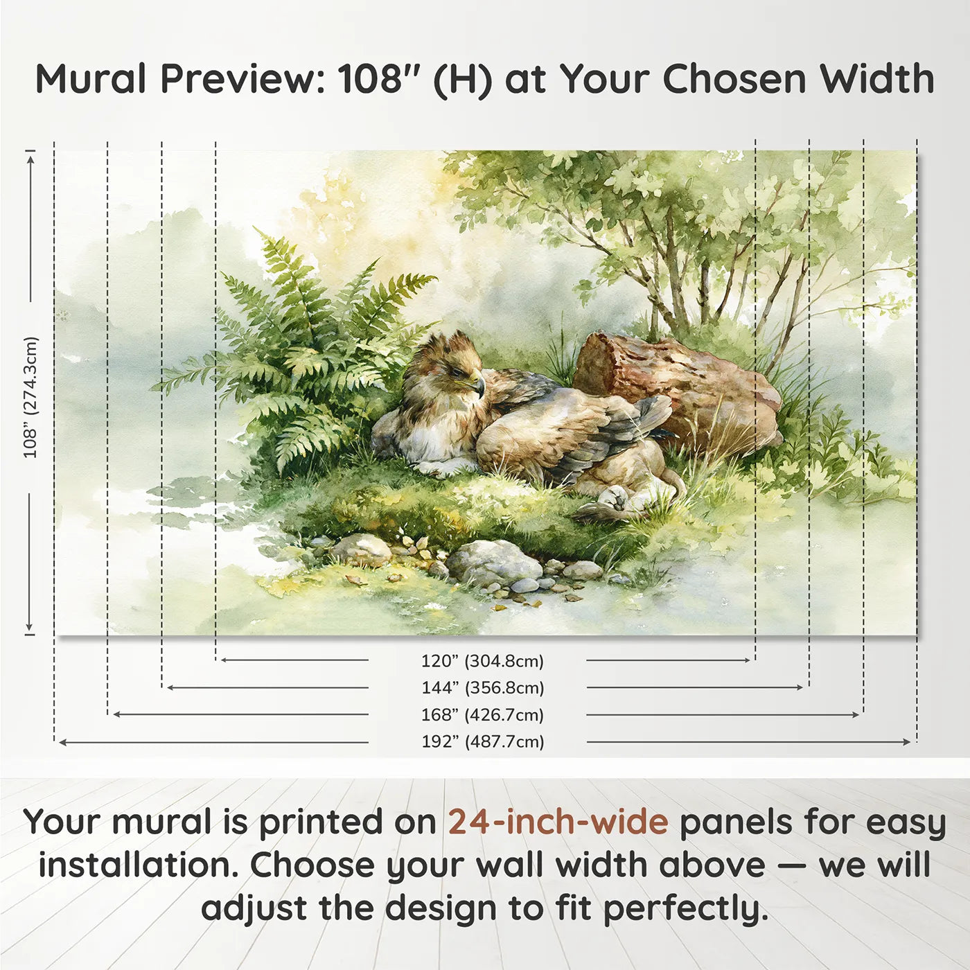 Panel layout and dimensions for Gentle Griffin Rest Wallpaper Mural by Whimsy Tots