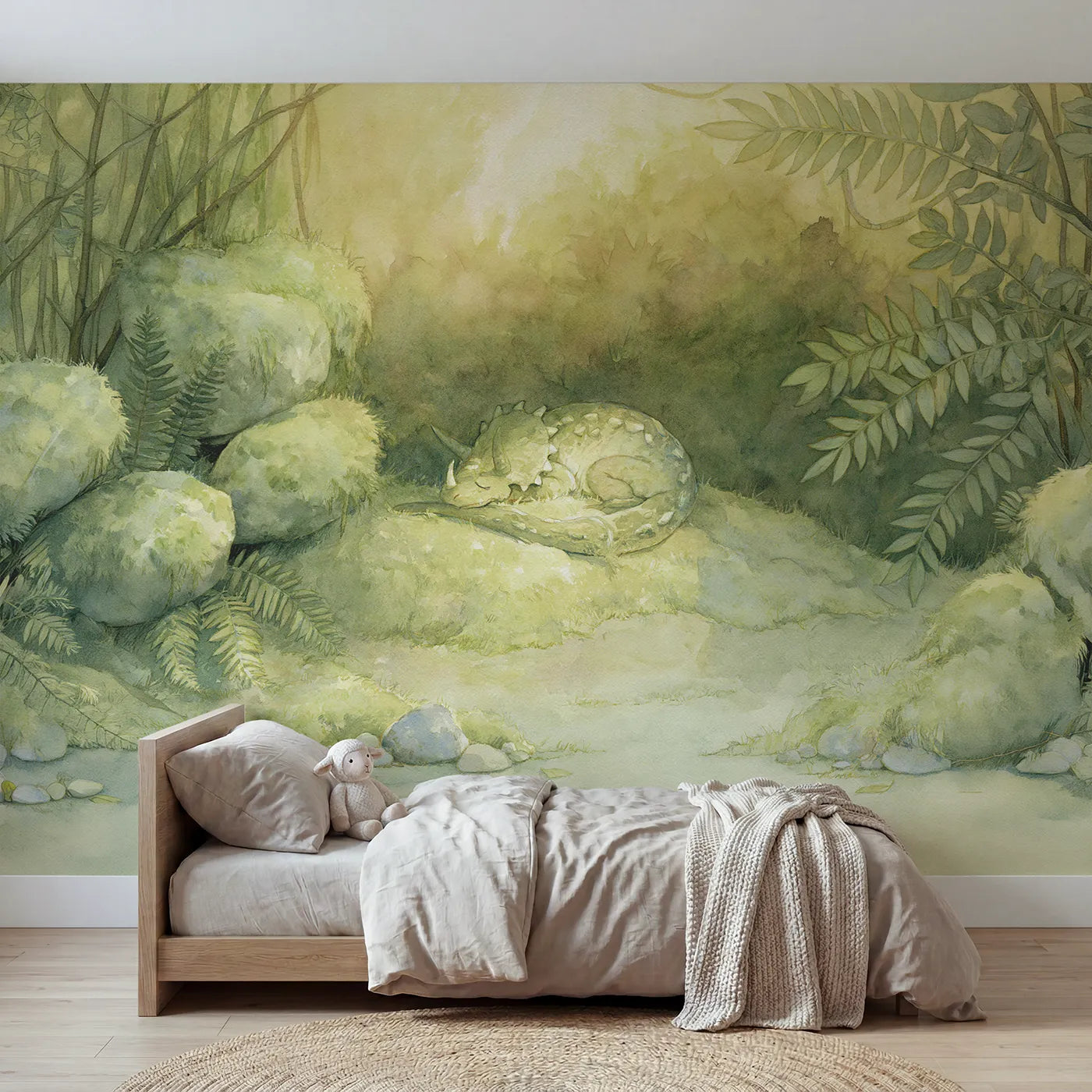 Watercolor wall mural of a sleepy dragon in a mossy hollow on pale sage by Whimsy Tots