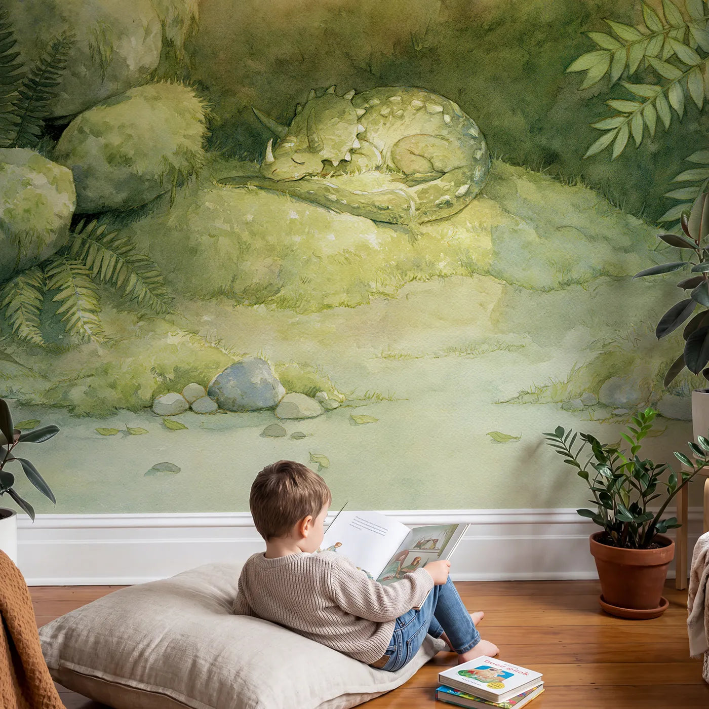 Child in nursery with Sleepy Dragon Hollow Wallpaper Mural by Whimsy Tots