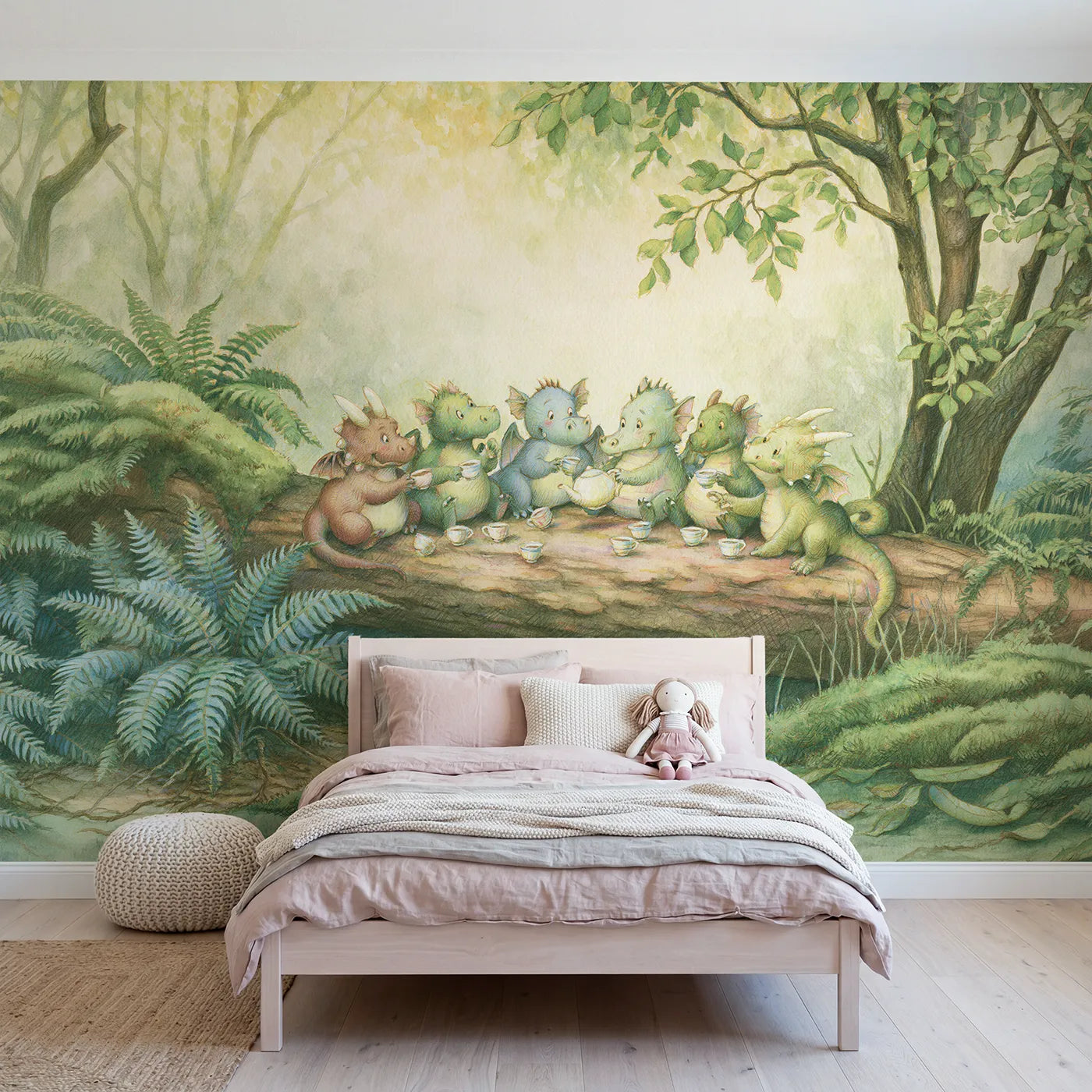 Storybook wall mural of dragons at a log tea party on pale sage by Whimsy Tots