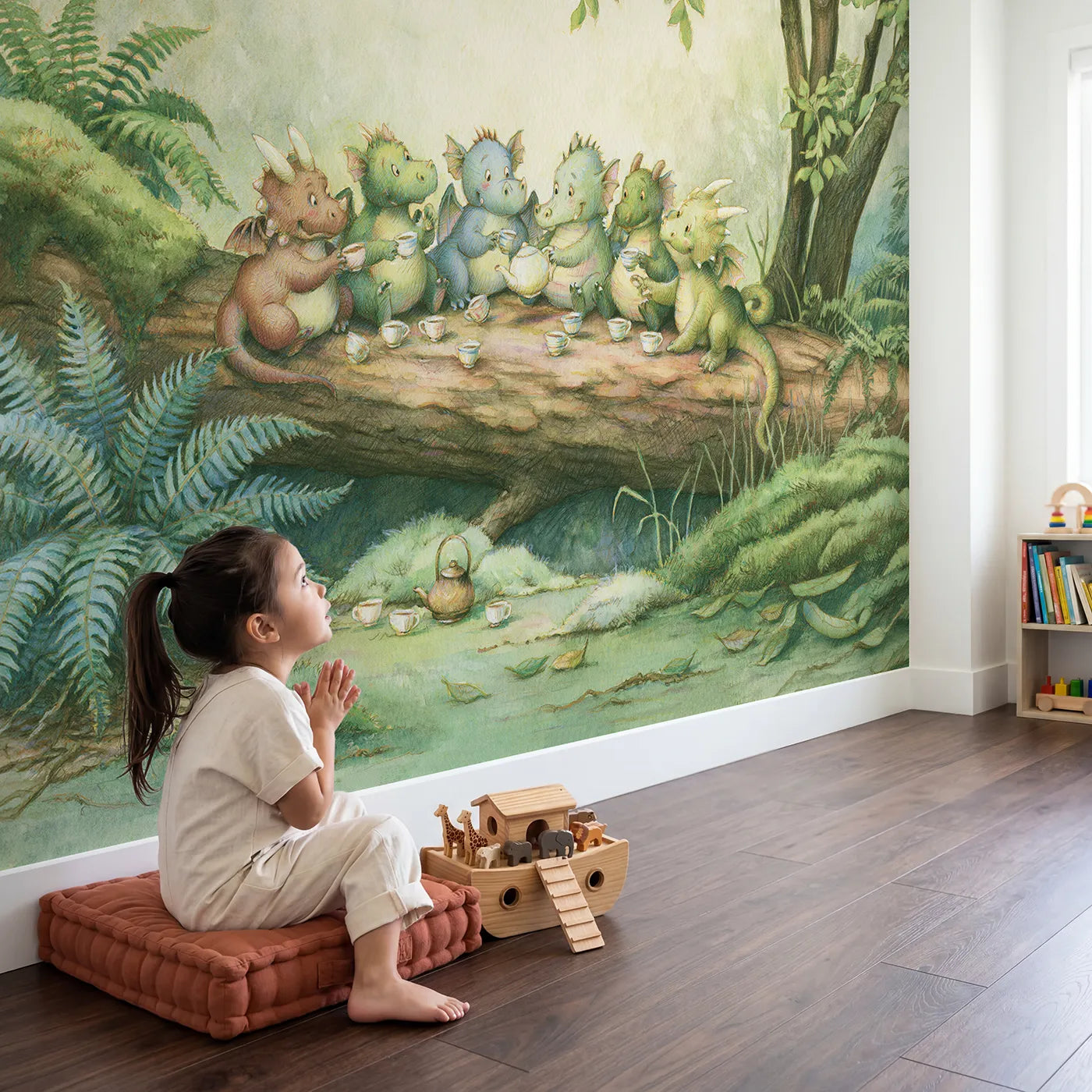 Child in nursery with Dragon Tea Party Wallpaper Mural by Whimsy Tots