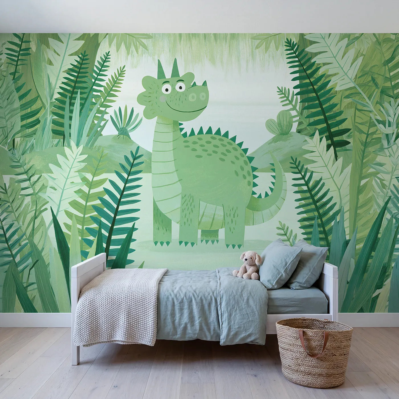 Gouache wall mural of a folk dragon in matte green on pale sage by Whimsy Tots