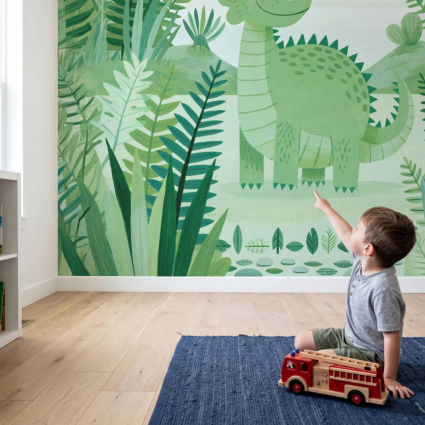 Child in nursery with Folk Friendly Dragon Wallpaper Mural by Whimsy Tots