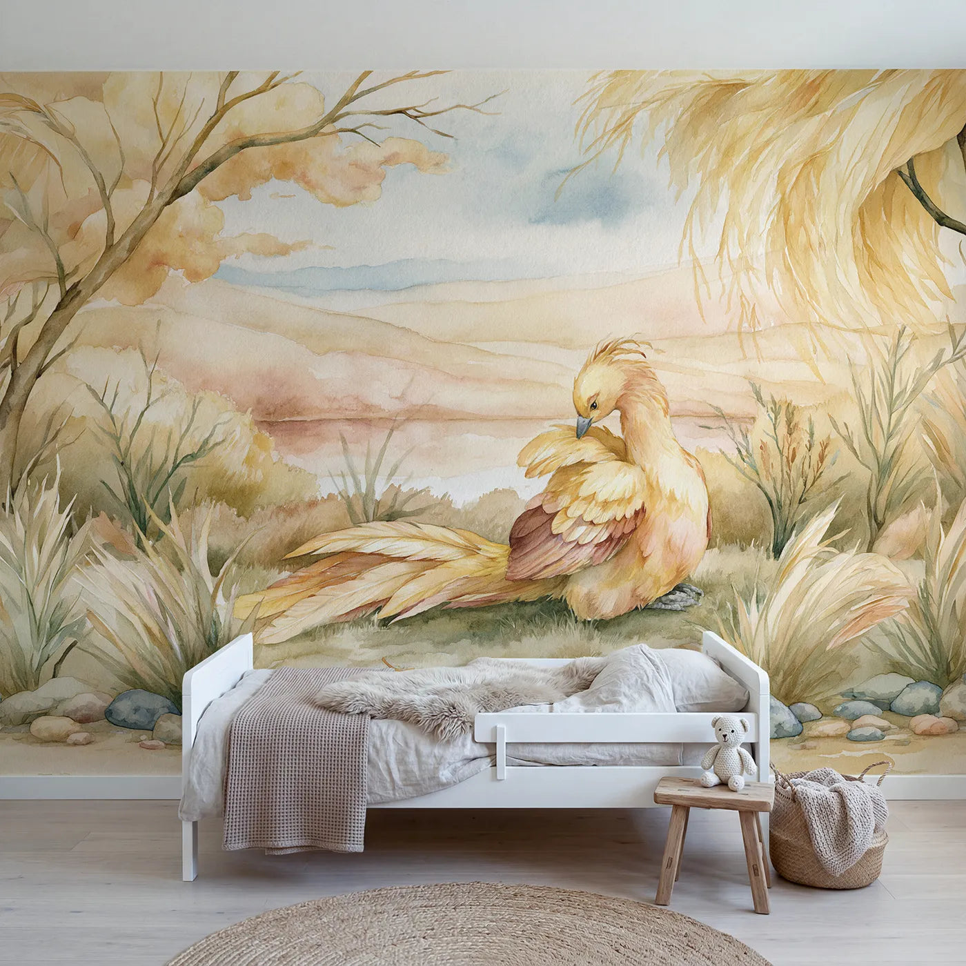 Watercolor wall mural of a phoenix preening feathers on warm cream by Whimsy Tots