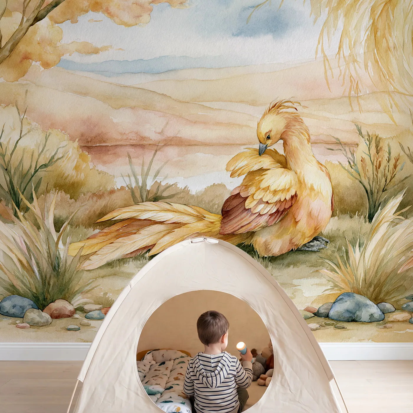 Child in nursery with Phoenix Feather Study Wallpaper Mural by Whimsy Tots