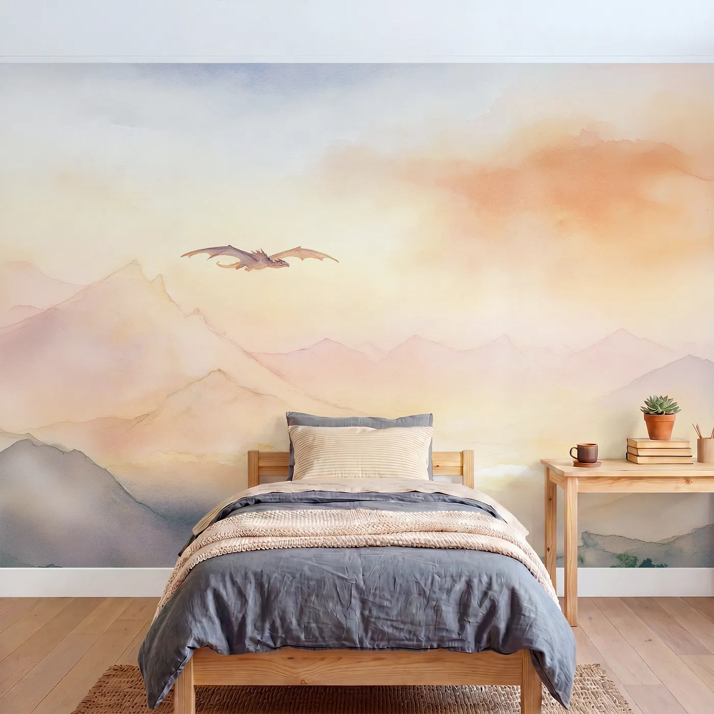 Watercolor wall mural of a dragon over dawn peaks on warm cream by Whimsy Tots