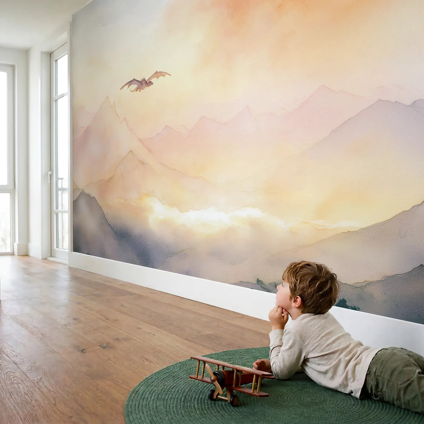 Child in nursery with Dragon Dawn Peaks Wallpaper Mural by Whimsy Tots
