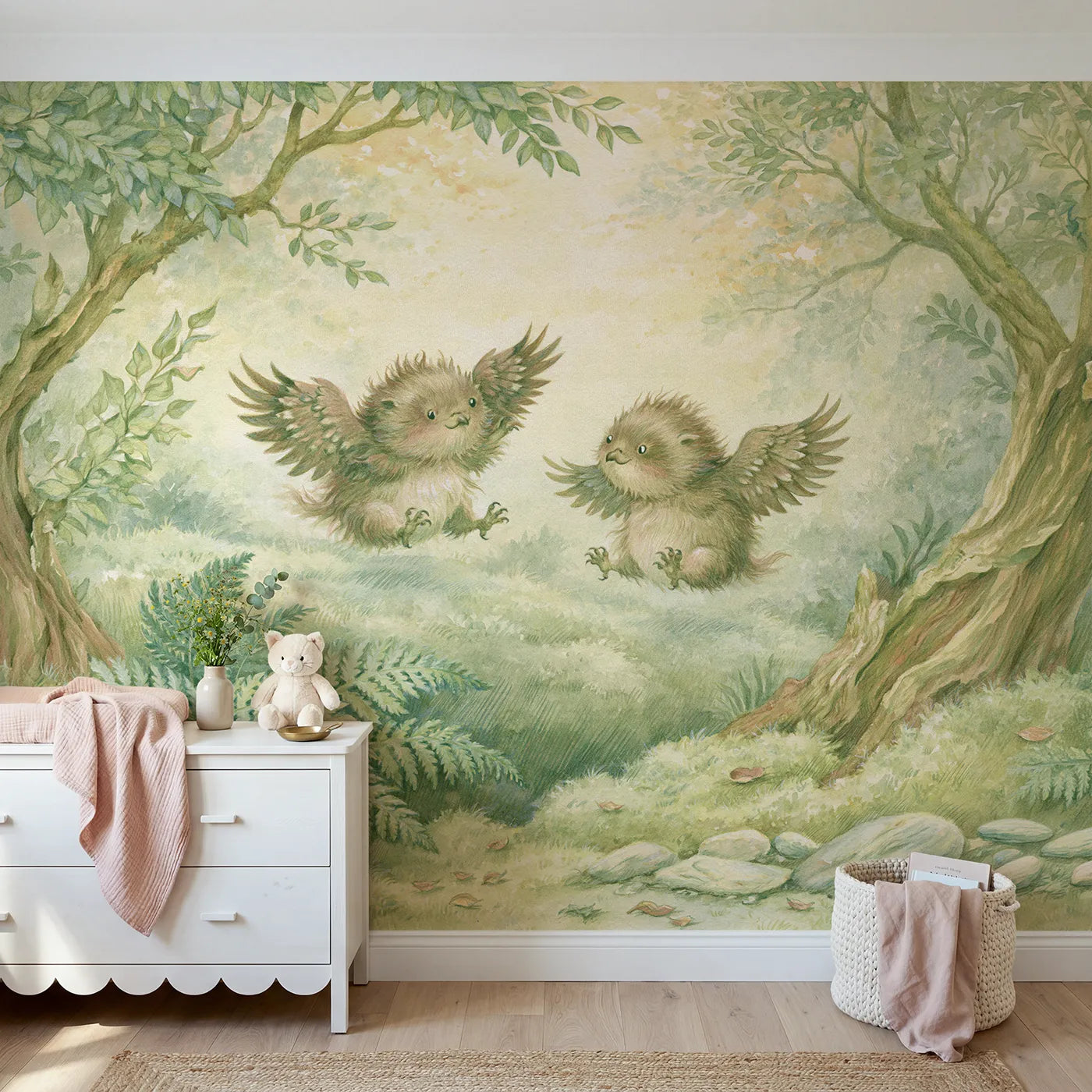 Storybook wall mural of griffins tumbling in a glade on pale sage by Whimsy Tots