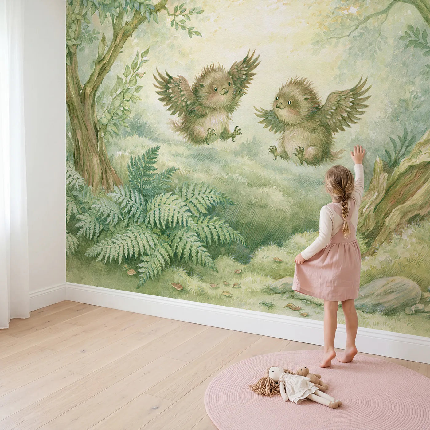 Child in nursery with Baby Griffin Friends Wallpaper Mural by Whimsy Tots