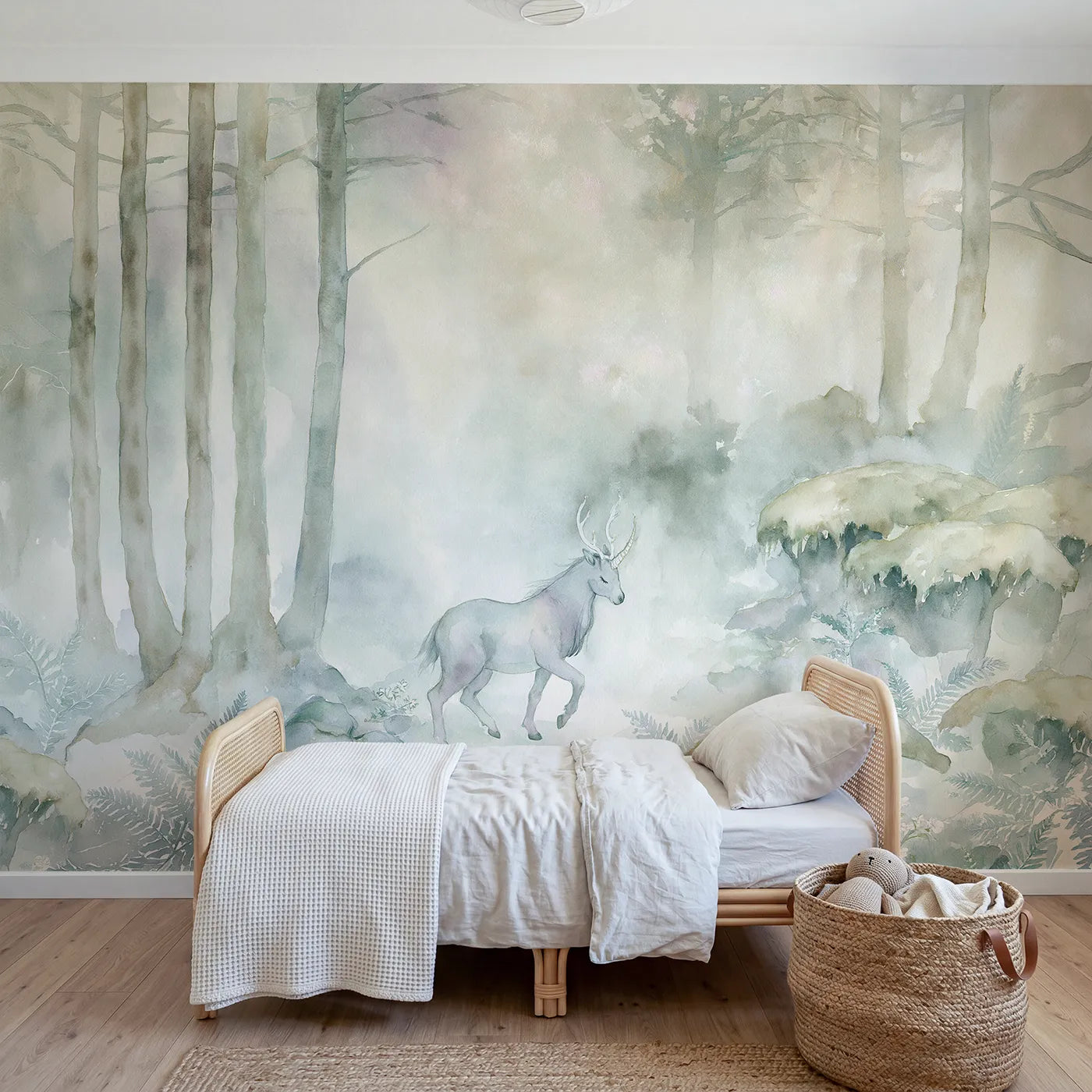 Watercolor wall mural of a gentle beast in a misty glade on cool cream by Whimsy Tots