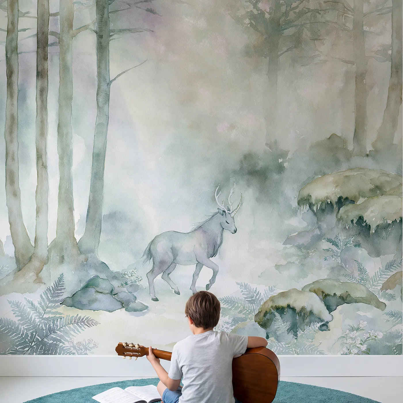 Child in nursery with Enchanted Beast Glade Wallpaper Mural by Whimsy Tots