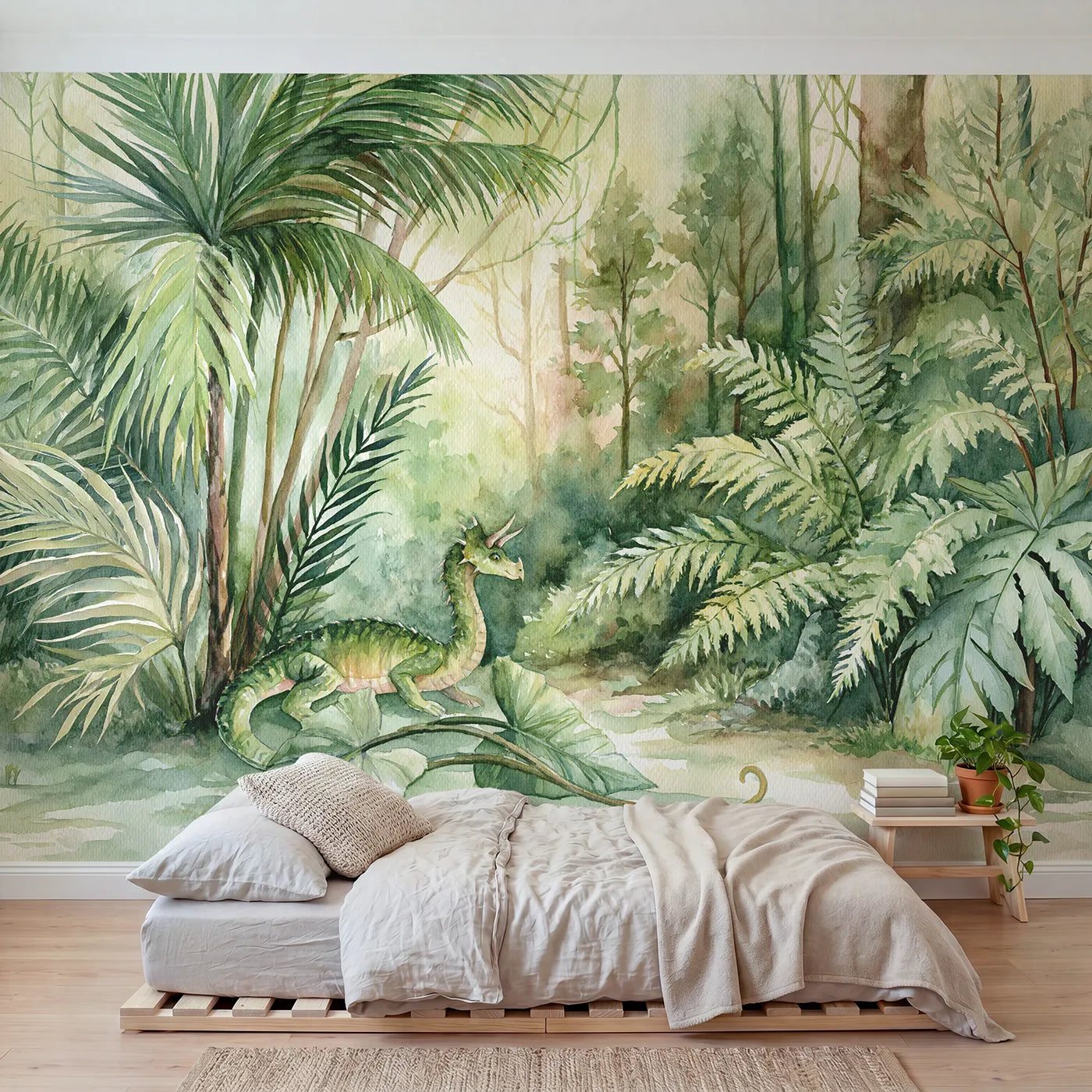 Watercolor wall mural of a dragon winding through ferns on pale sage by Whimsy Tots