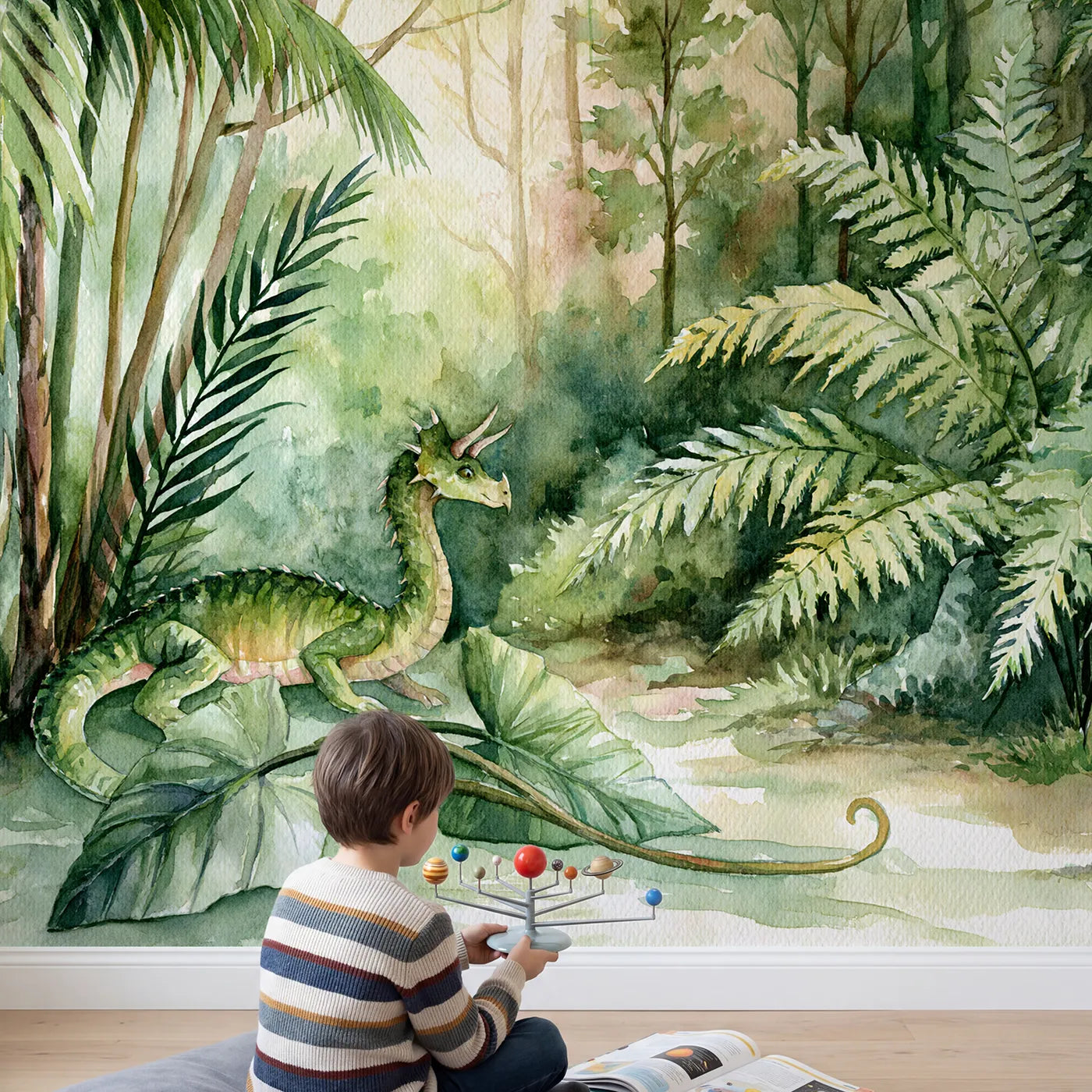 Child in nursery with Friendly Forest Dragon Wallpaper Mural by Whimsy Tots