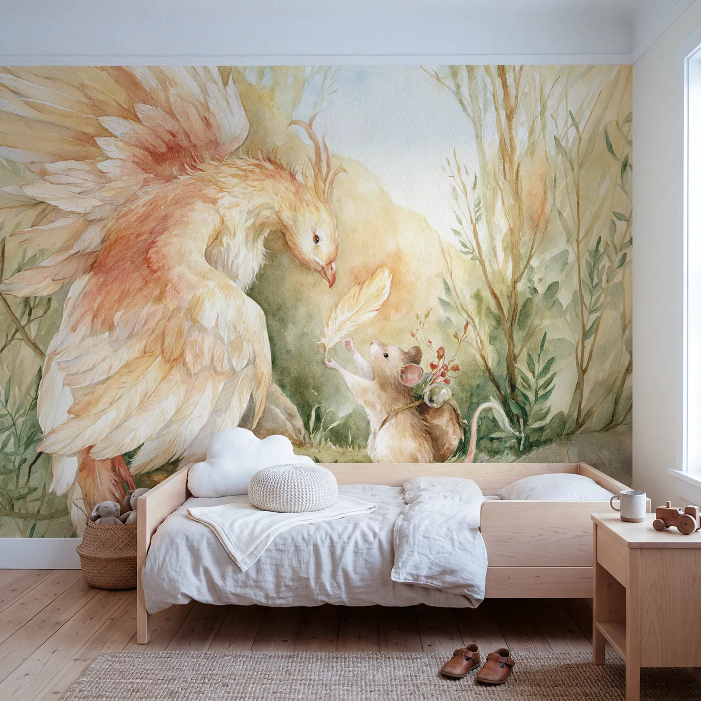Watercolor phoenix offering a glowing feather to a mouse, mural for a bedroom by Whimsy Tots