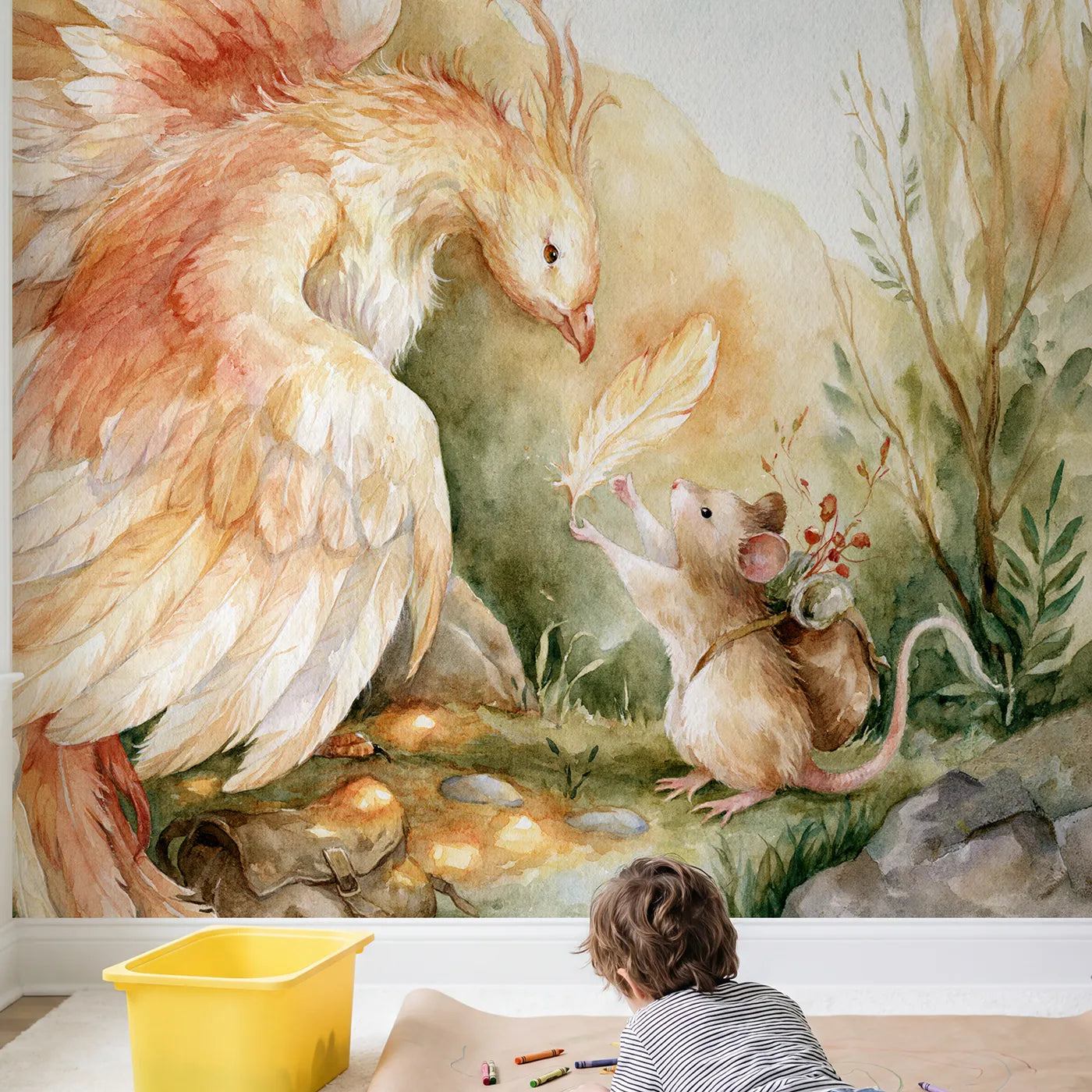 Child in nursery with The Phoenix Feather Gift Wallpaper Mural by Whimsy Tots