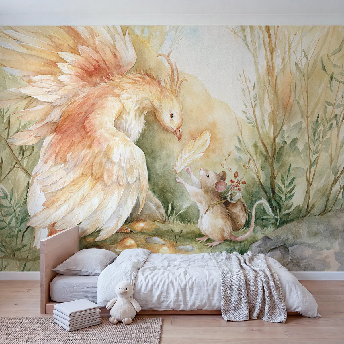 The Phoenix Feather Gift Wallpaper Mural in playroom setting by Whimsy Tots