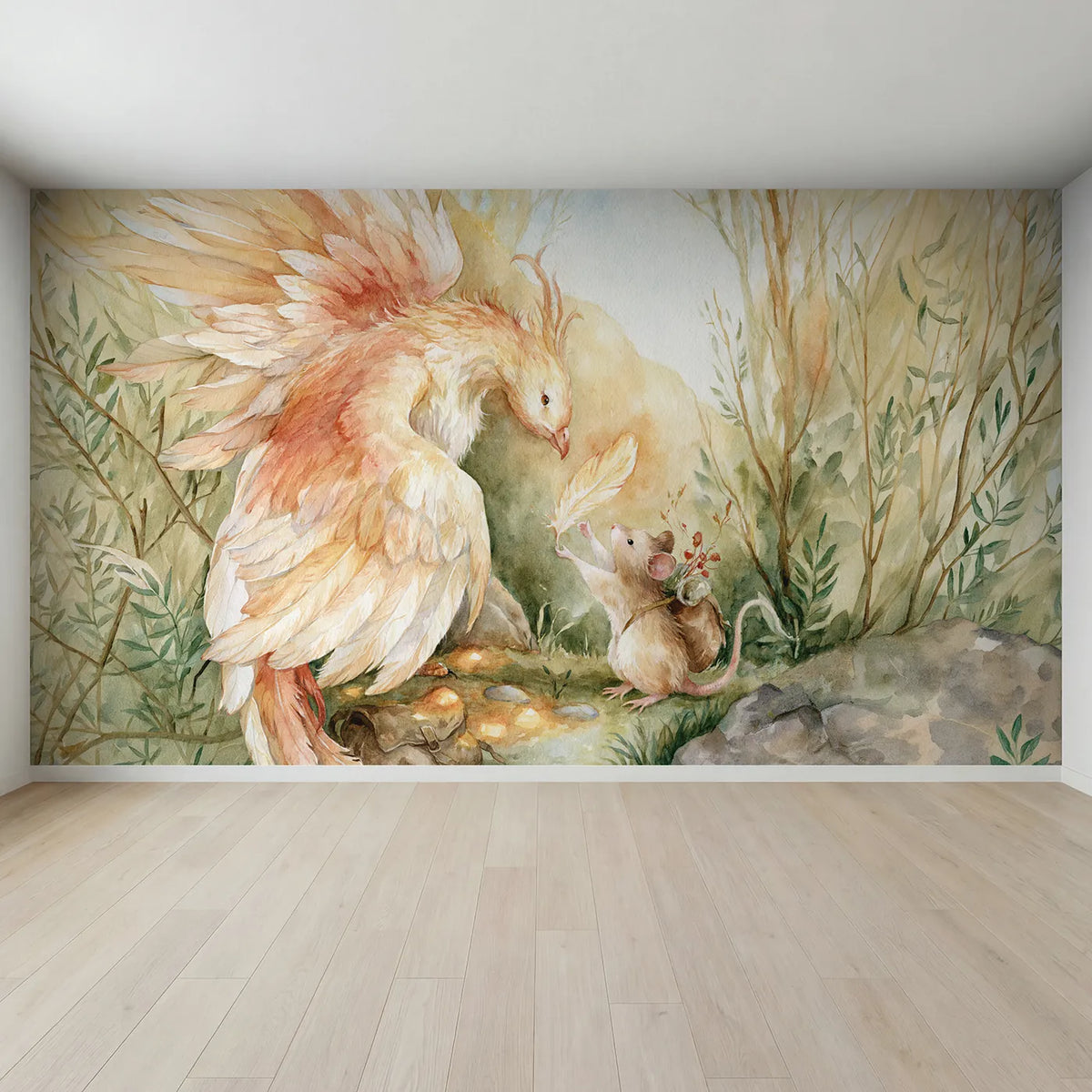 Full view of The Phoenix Feather Gift Wallpaper Mural by Whimsy Tots