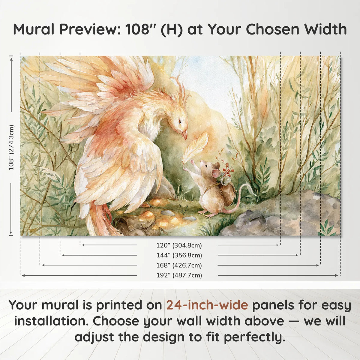 Panel layout and dimensions for The Phoenix Feather Gift Wallpaper Mural by Whimsy Tots