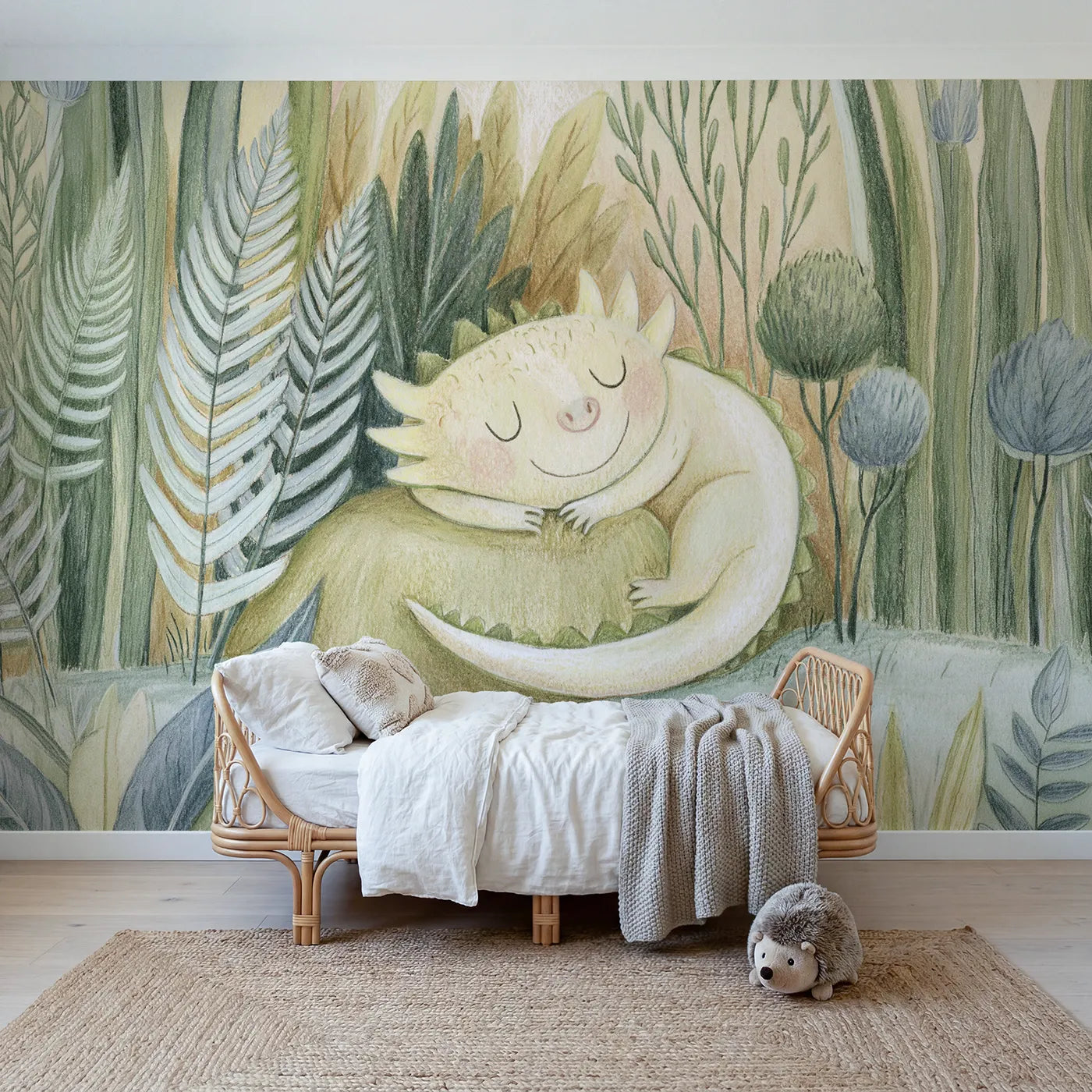Colored pencil wall mural of a dragon curled asleep on pale sage by Whimsy Tots