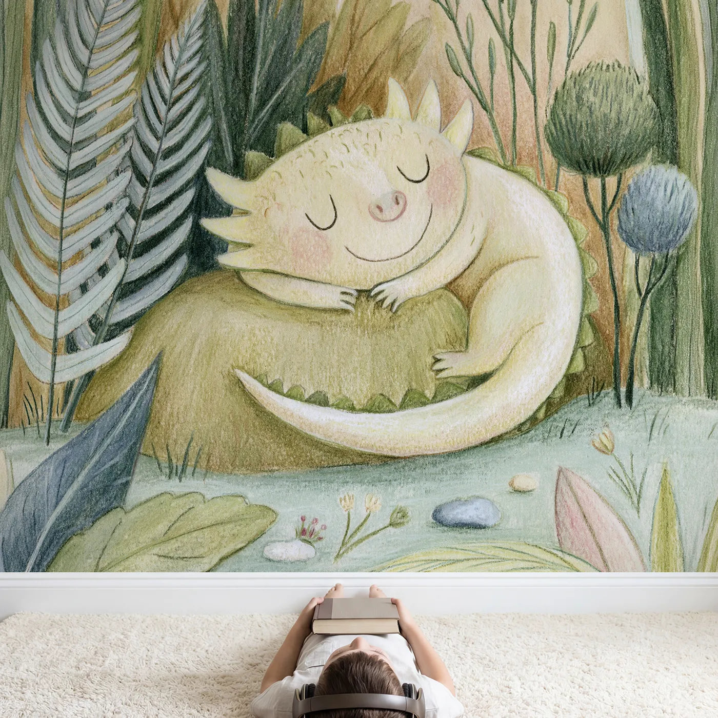 Child in nursery with Pencil Dragon Dream Wallpaper Mural by Whimsy Tots