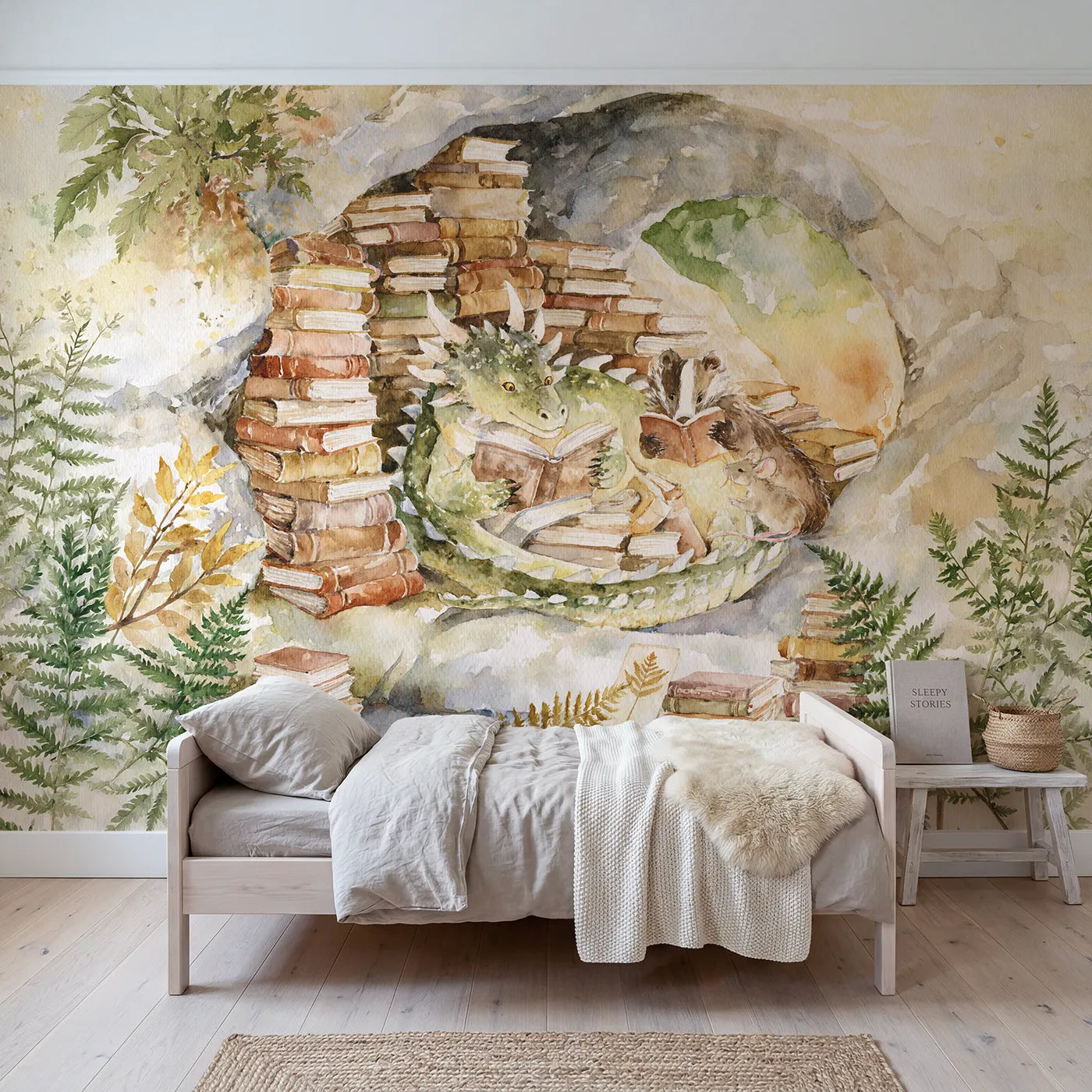 Watercolor dragon curled among towers of hoarded books, mural for a big-kid bedroom by Whimsy Tots