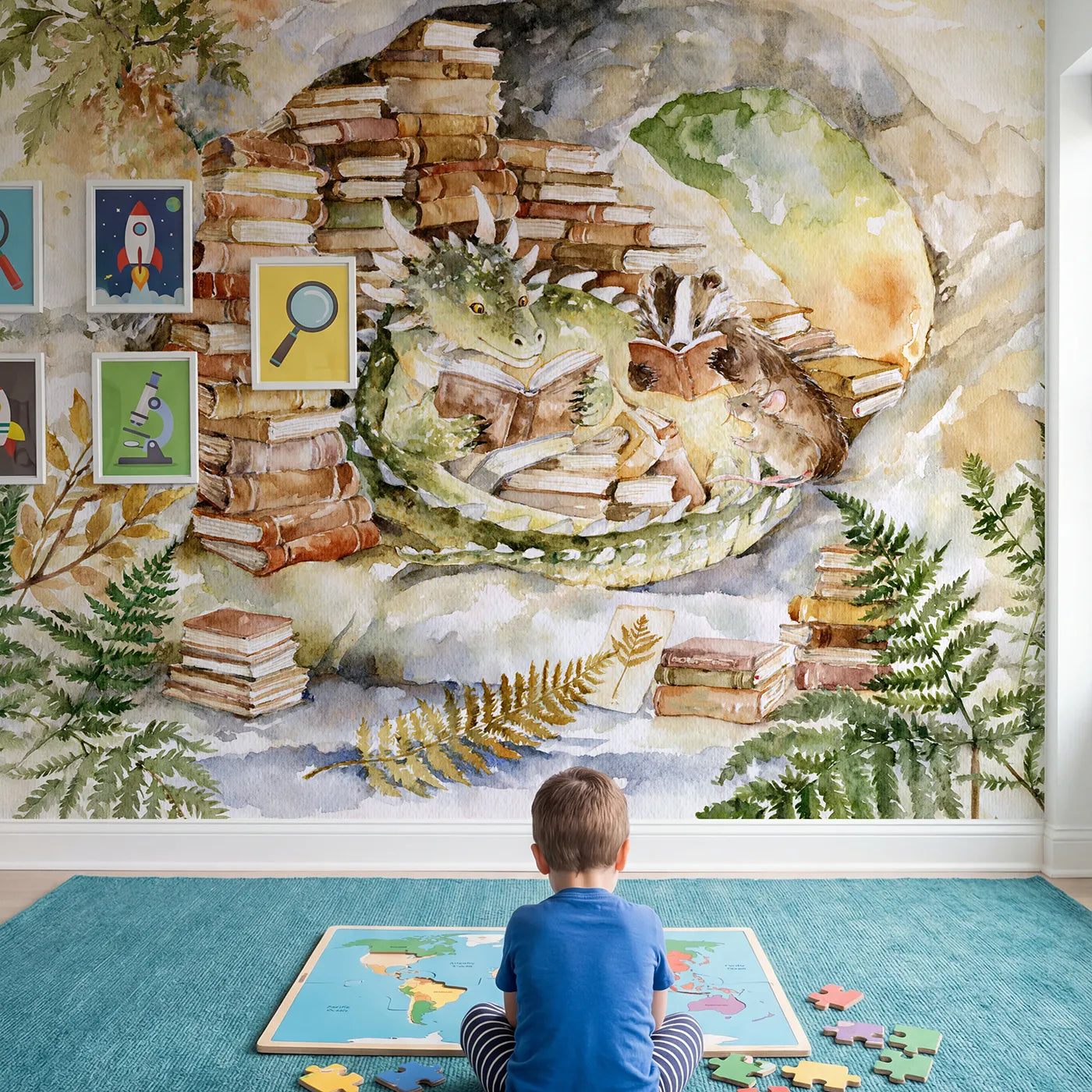 Child in nursery with The Book Hoard Wallpaper Mural by Whimsy Tots