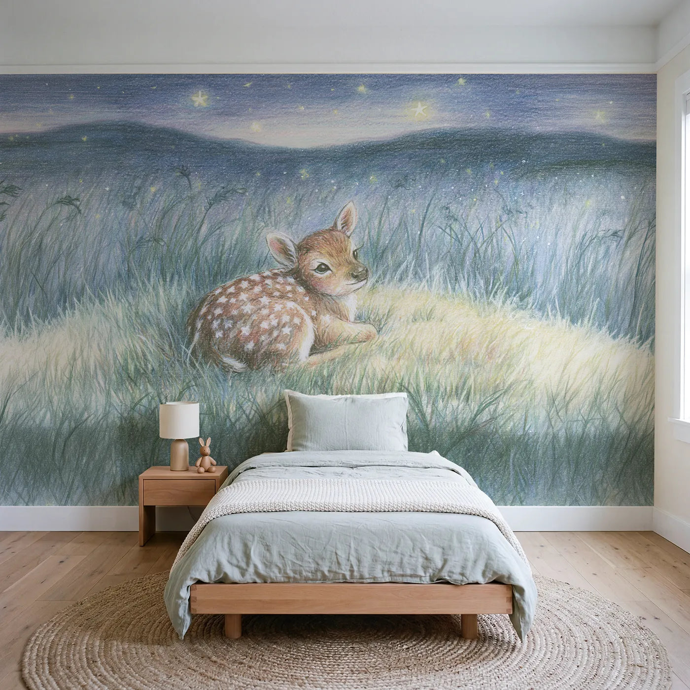 Colored pencil wall mural of a star fawn on soft blush by Whimsy Tots