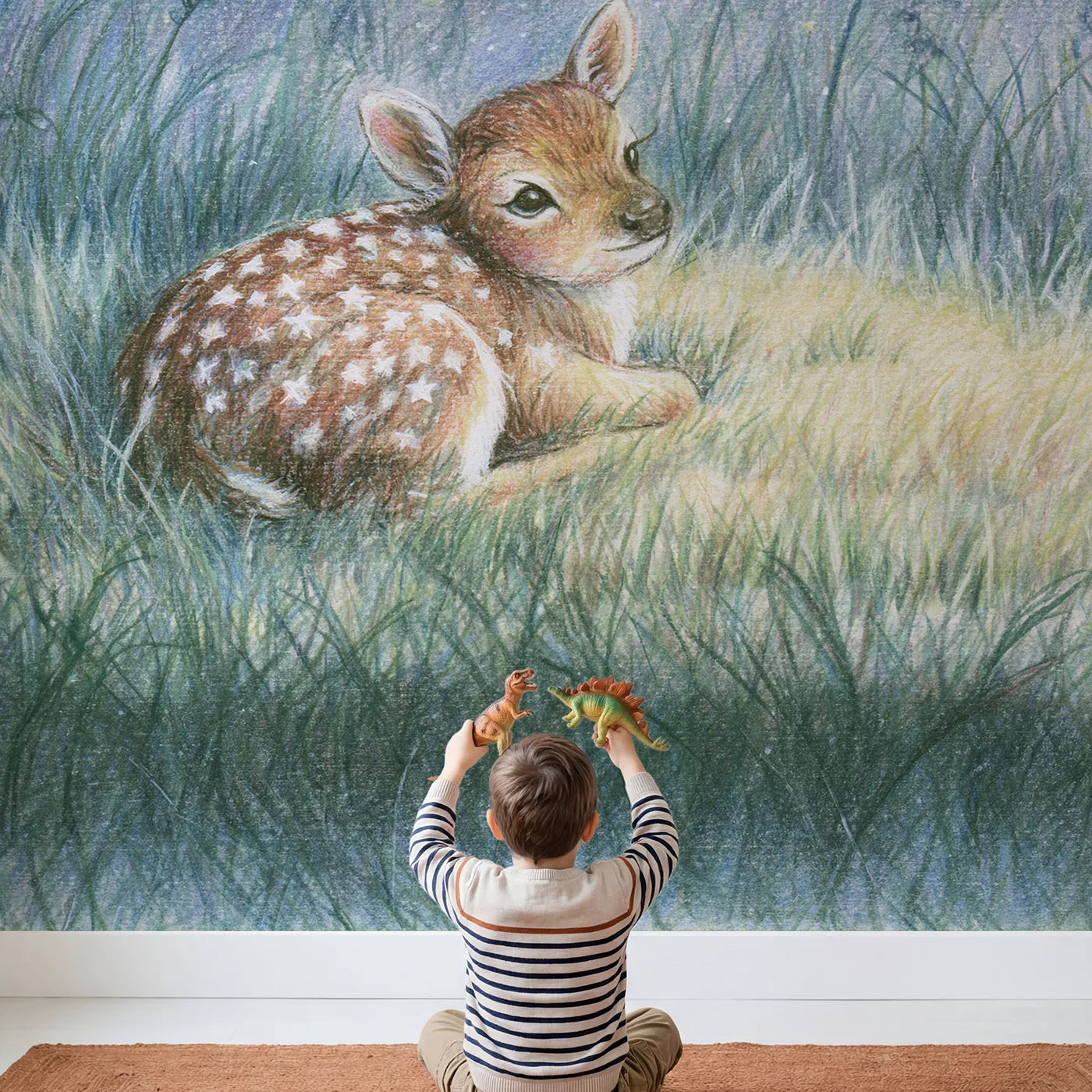 Child in nursery with Gentle Star Fawn Wallpaper Mural by Whimsy Tots
