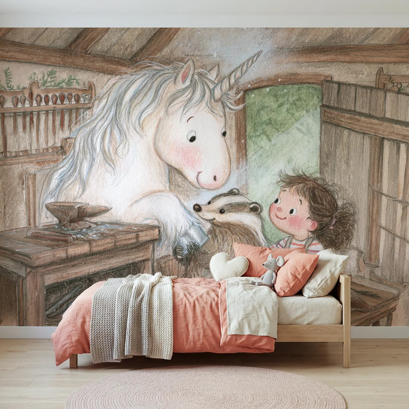 Colored Pencil unicorn fitted with new silver shoes, mural for a big-kid bedroom by Whimsy Tots