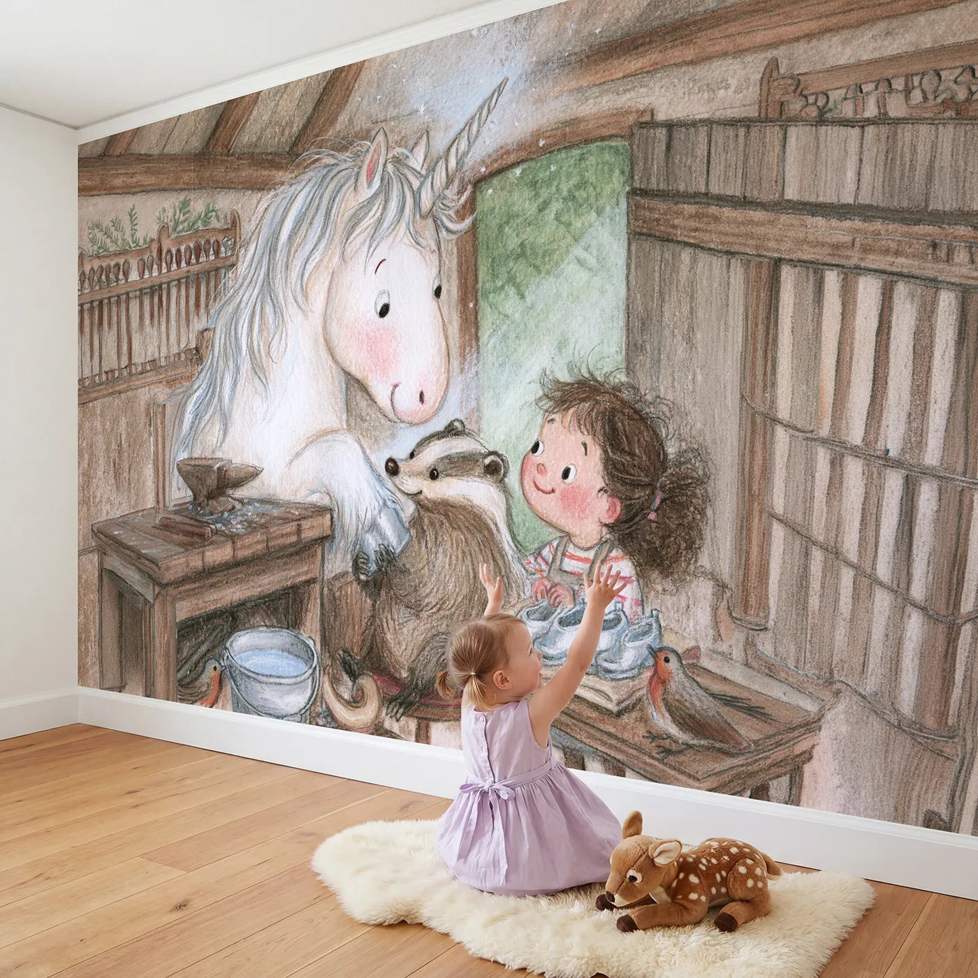 Child in nursery with The Silver Shoe Fitting Wallpaper Mural by Whimsy Tots