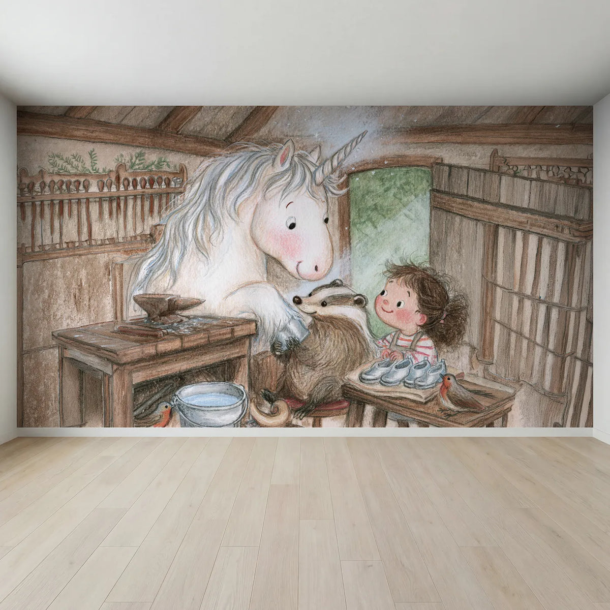 Full view of The Silver Shoe Fitting Wallpaper Mural by Whimsy Tots