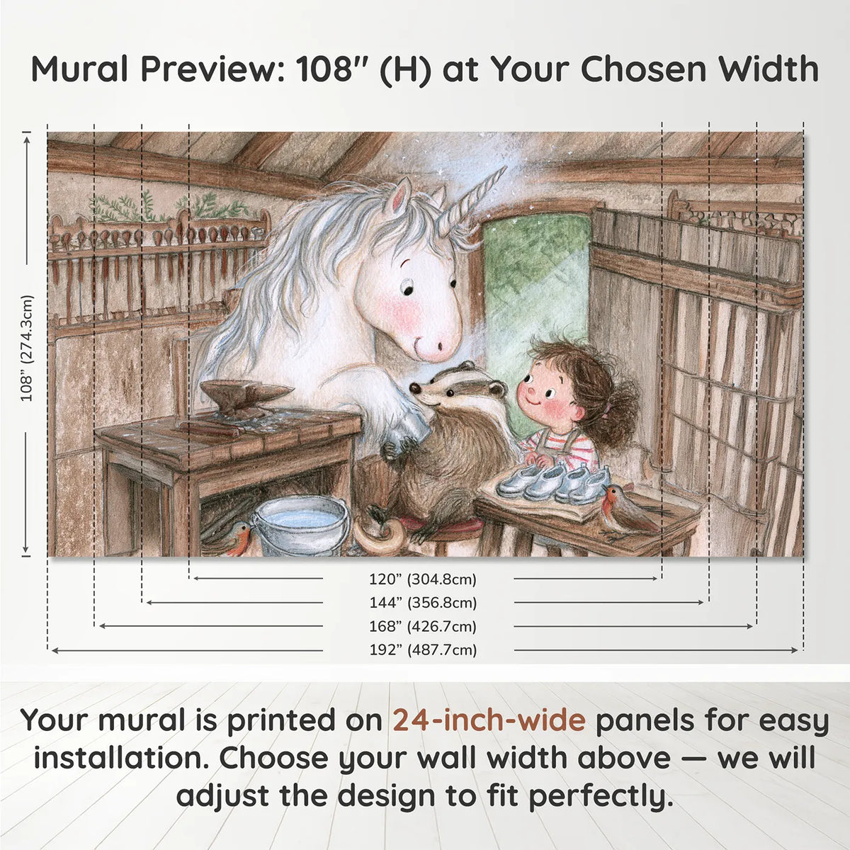 Panel layout and dimensions for The Silver Shoe Fitting Wallpaper Mural by Whimsy Tots