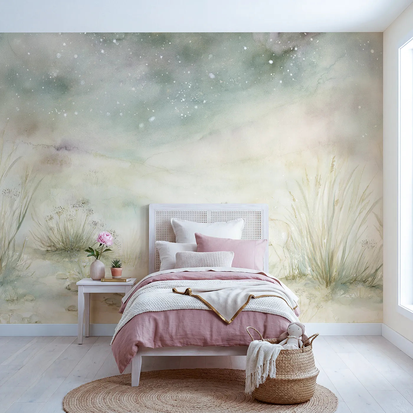 Watercolor wall mural of a unicorn under scattered stars on cool cream by Whimsy Tots