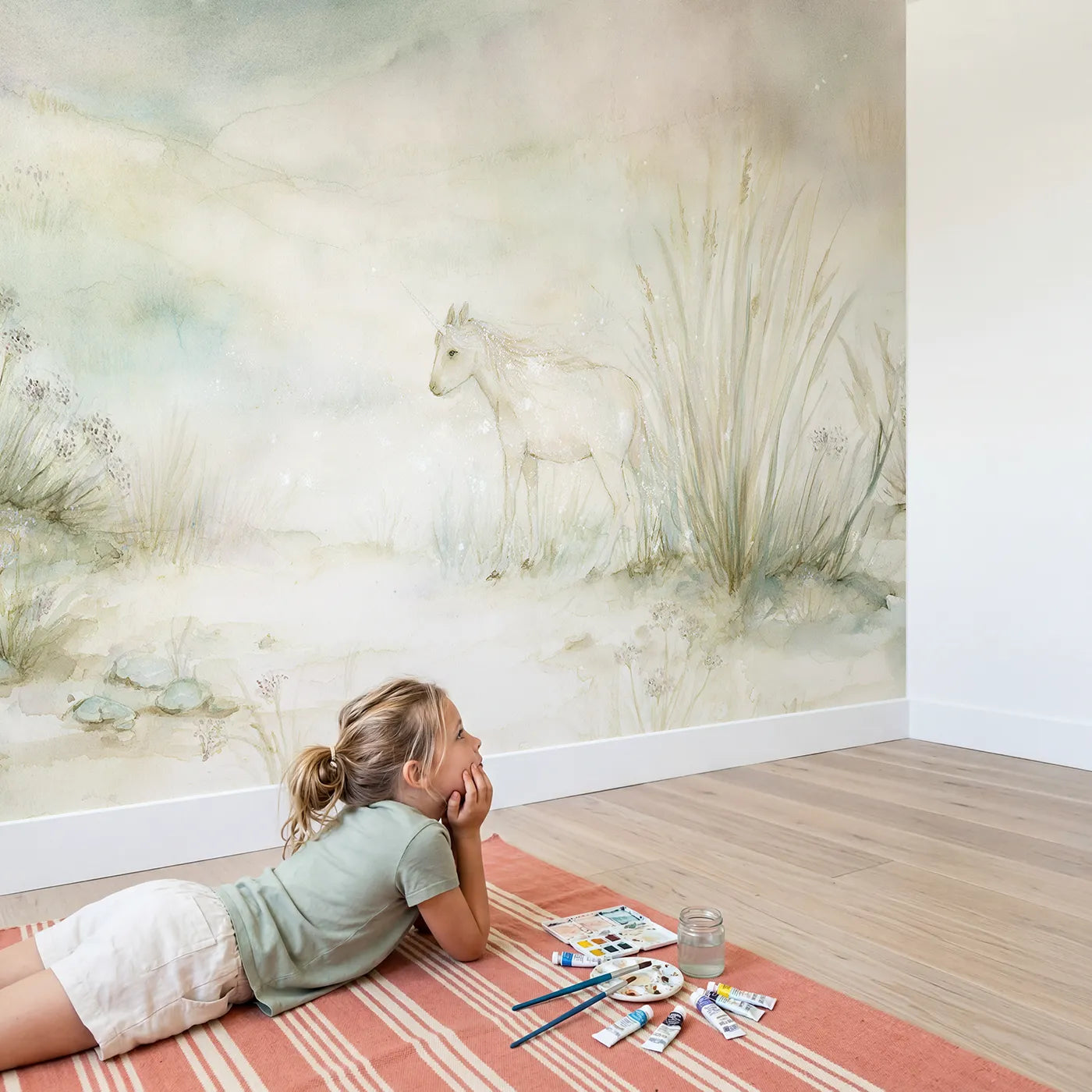 Child in nursery with Starlit Unicorn Dream Wallpaper Mural by Whimsy Tots