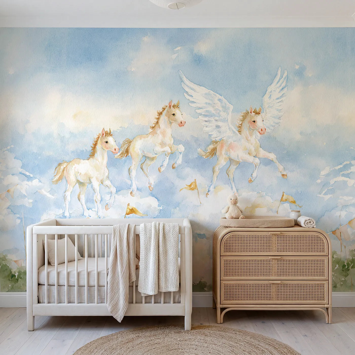 Watercolor pegasus foals hopping a cloud practice course, mural for a playroom by Whimsy Tots