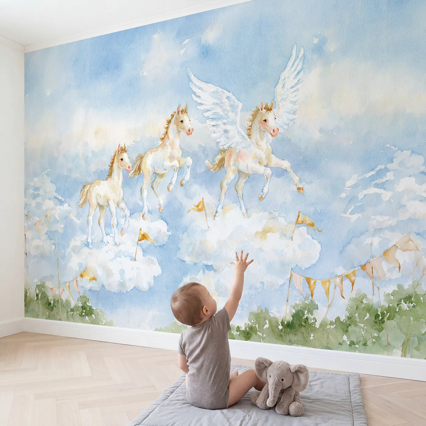 Child in nursery with The Cloud Hopping Course Wallpaper Mural by Whimsy Tots