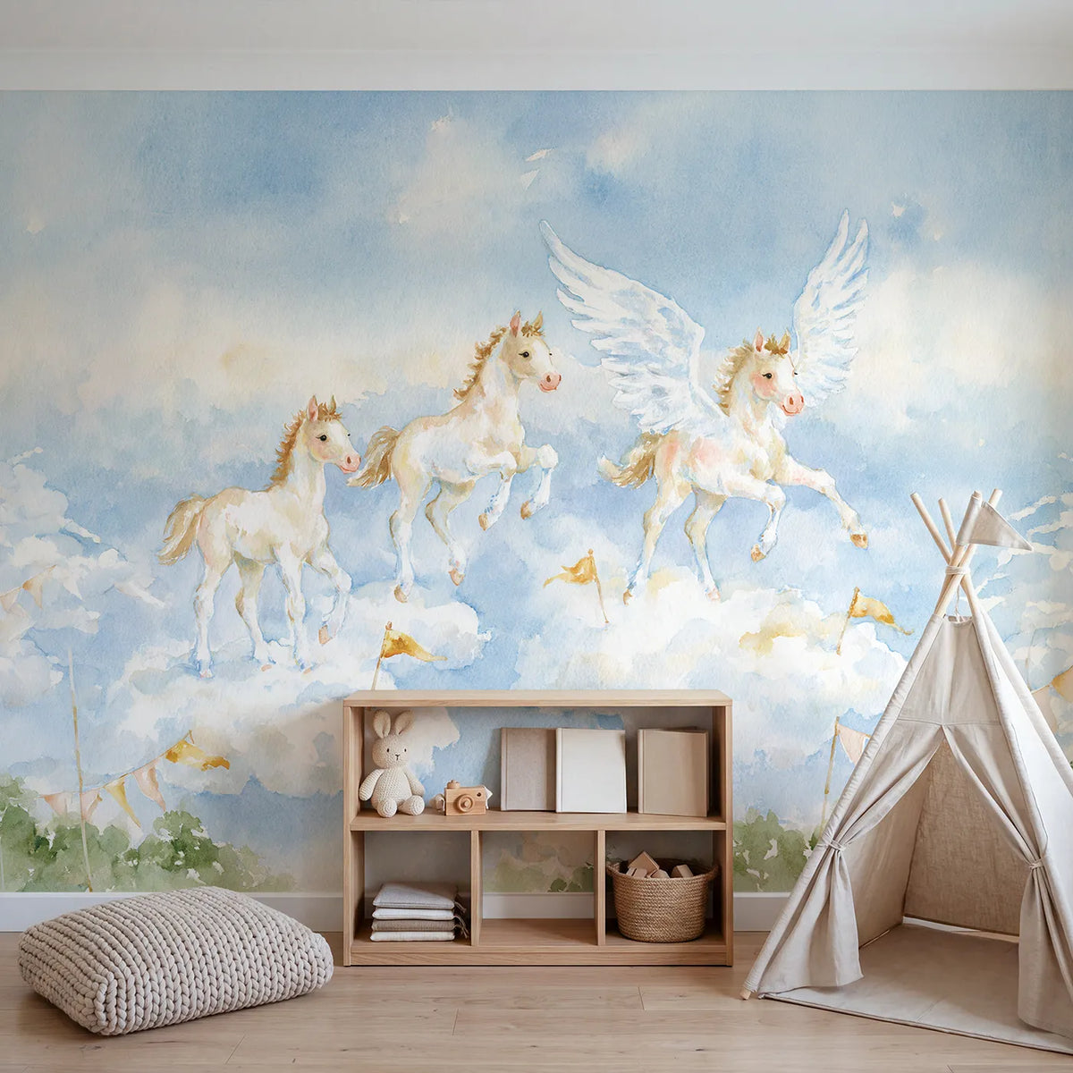 The Cloud Hopping Course Wallpaper Mural in playroom setting by Whimsy Tots