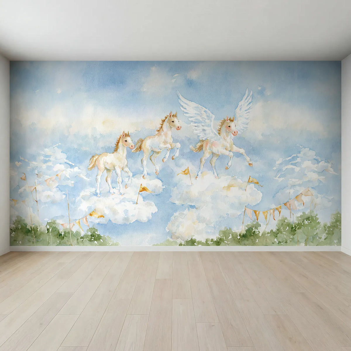 Full view of The Cloud Hopping Course Wallpaper Mural by Whimsy Tots