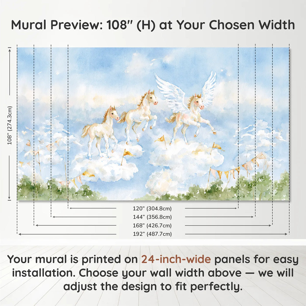 Panel layout and dimensions for The Cloud Hopping Course Wallpaper Mural by Whimsy Tots