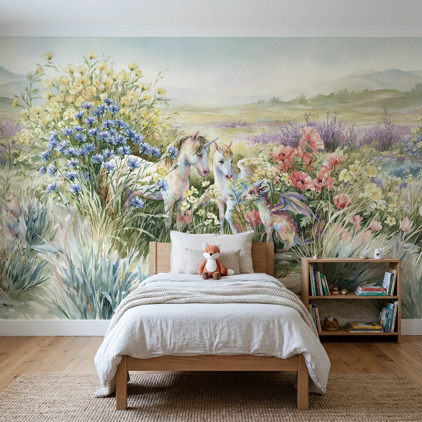 Watercolor wall mural of mythical friends among wildflowers on blush by Whimsy Tots