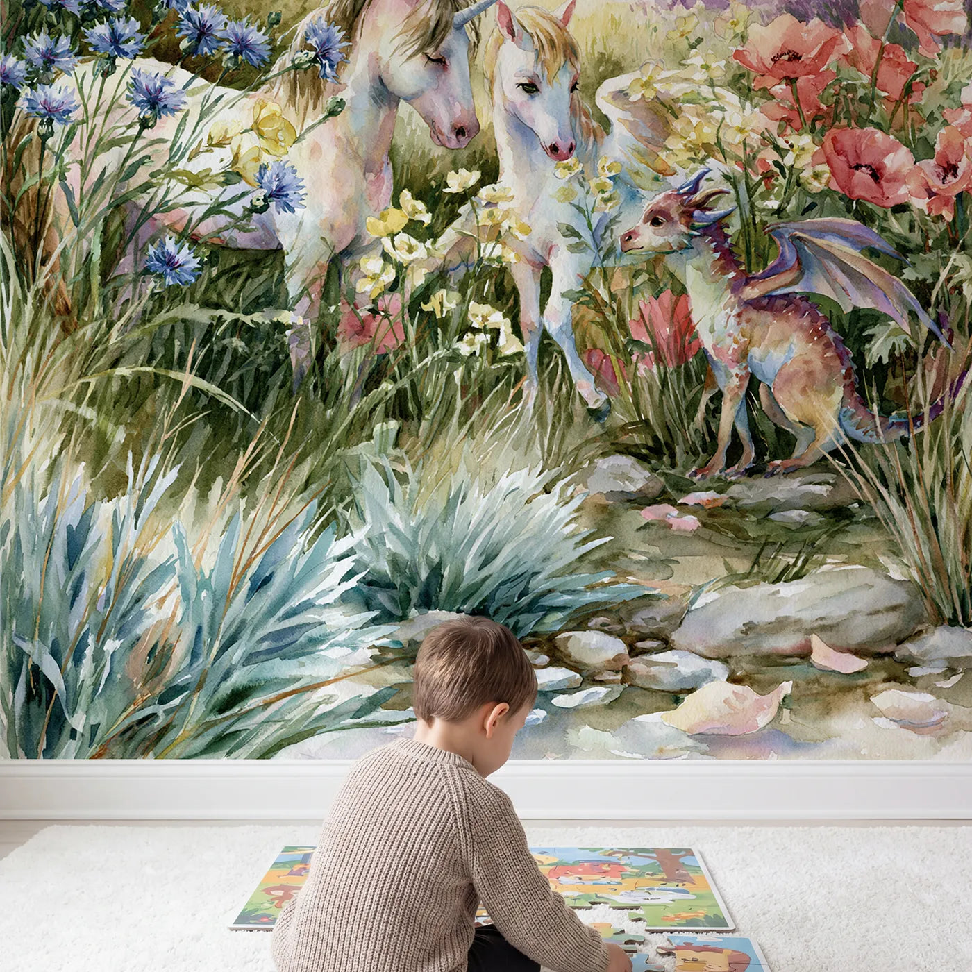 Child in nursery with Mythical Garden Friends Wallpaper Mural by Whimsy Tots