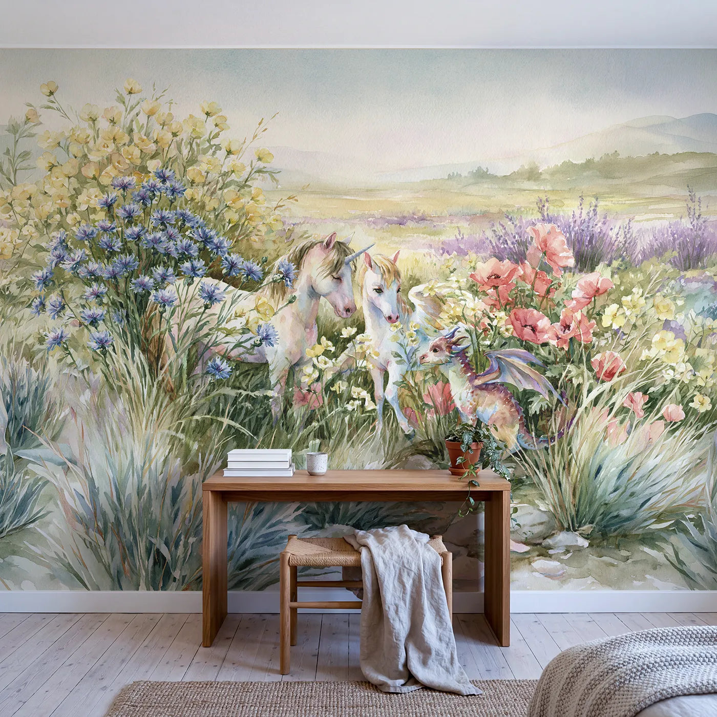Mythical Garden Friends Wallpaper Mural in playroom setting by Whimsy Tots