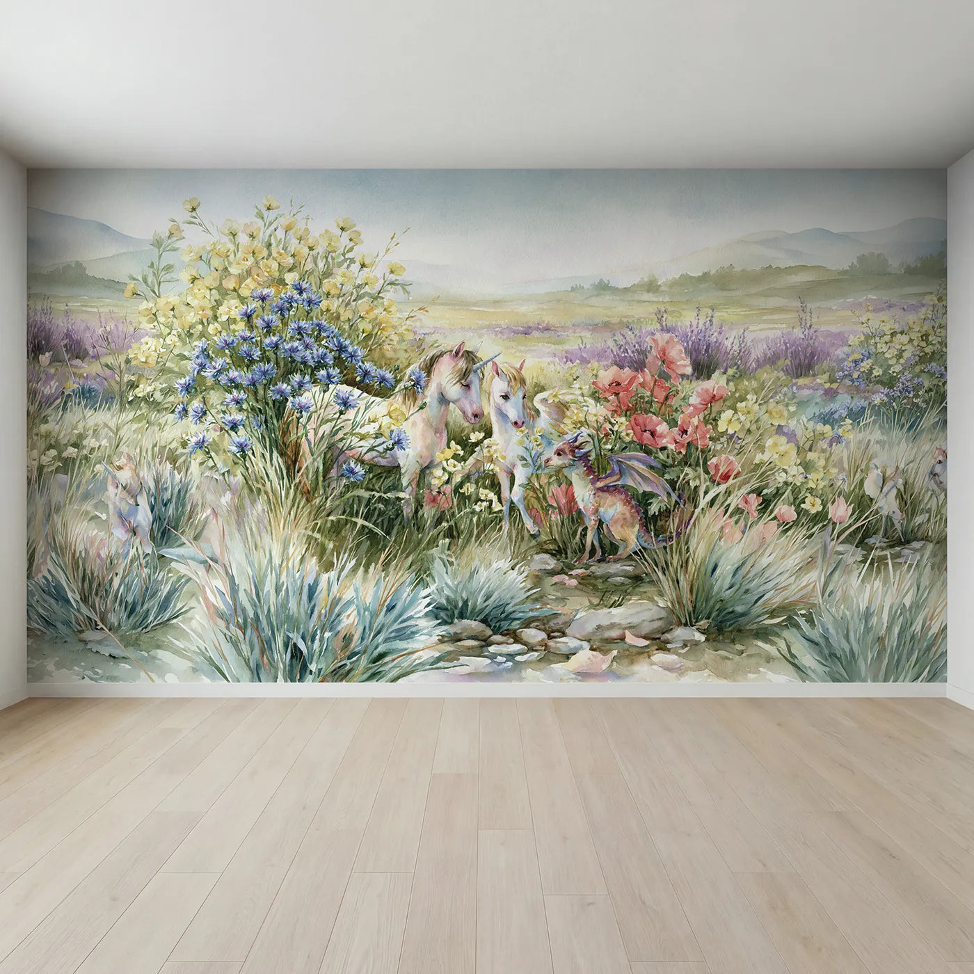 Full view of Mythical Garden Friends Wallpaper Mural by Whimsy Tots